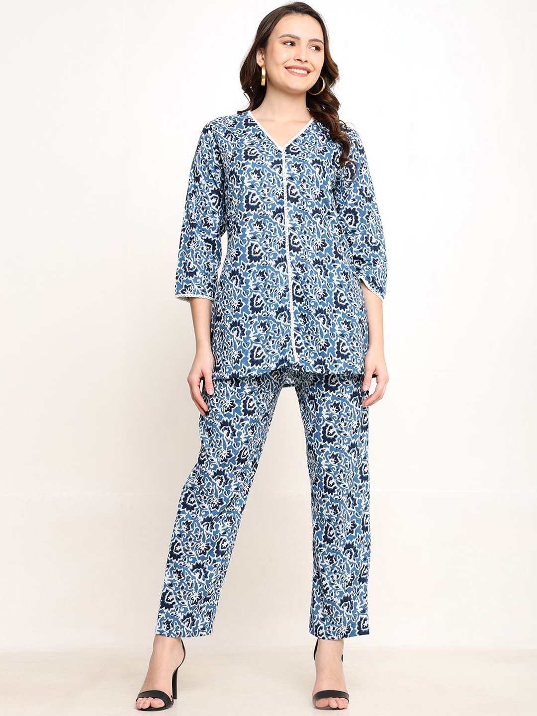 

CORDSET Printed Pure Cotton Top With Trouser, Navy blue