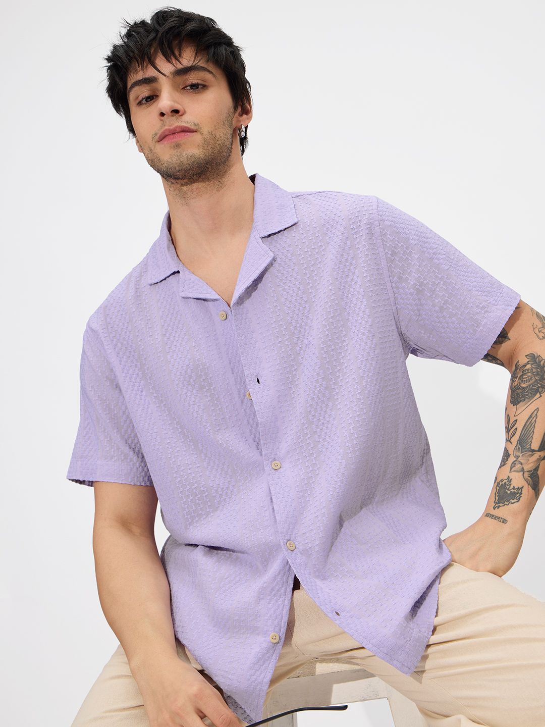 

The Souled Store Men Cuban Collar Solid Cotton Casual Shirt, Lavender