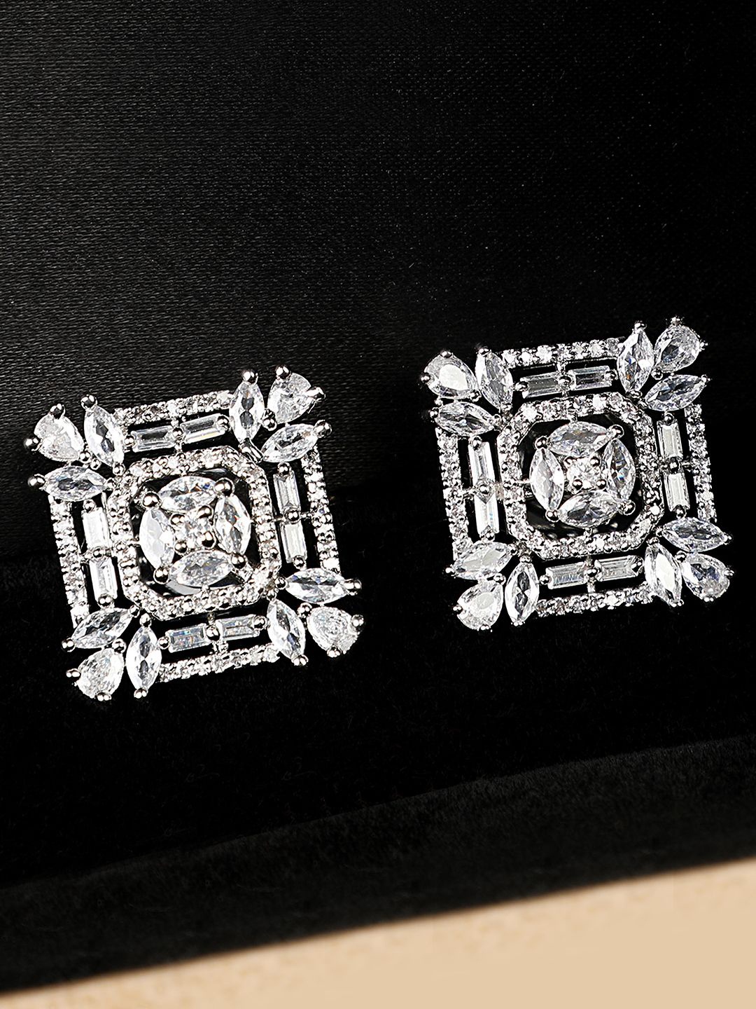

MODE MANIA Silver Plated Square American Diamond Studded Earrings, Rose