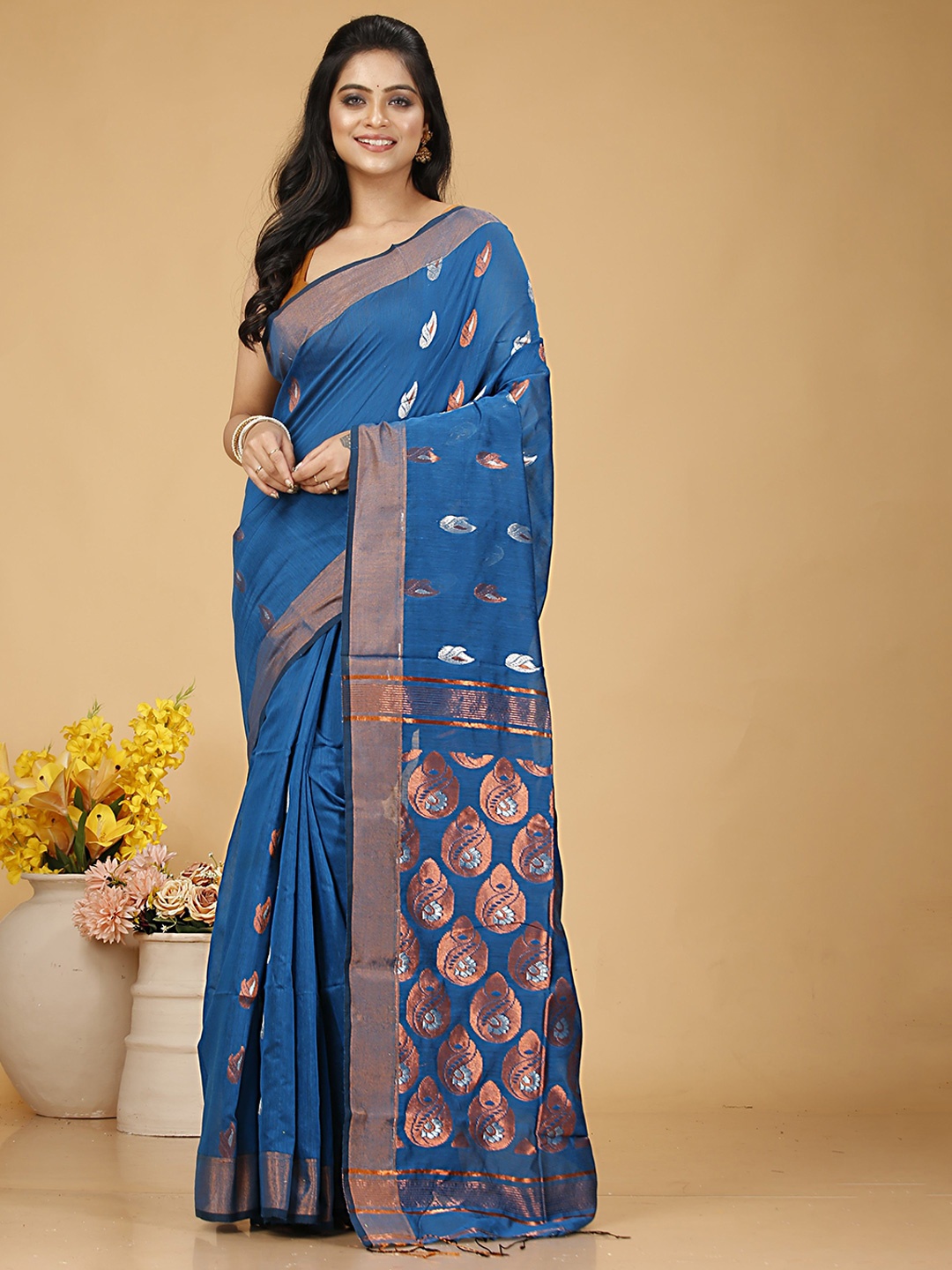 

SLAGHA Woven Design Zari Silk Cotton Taant Saree, Blue