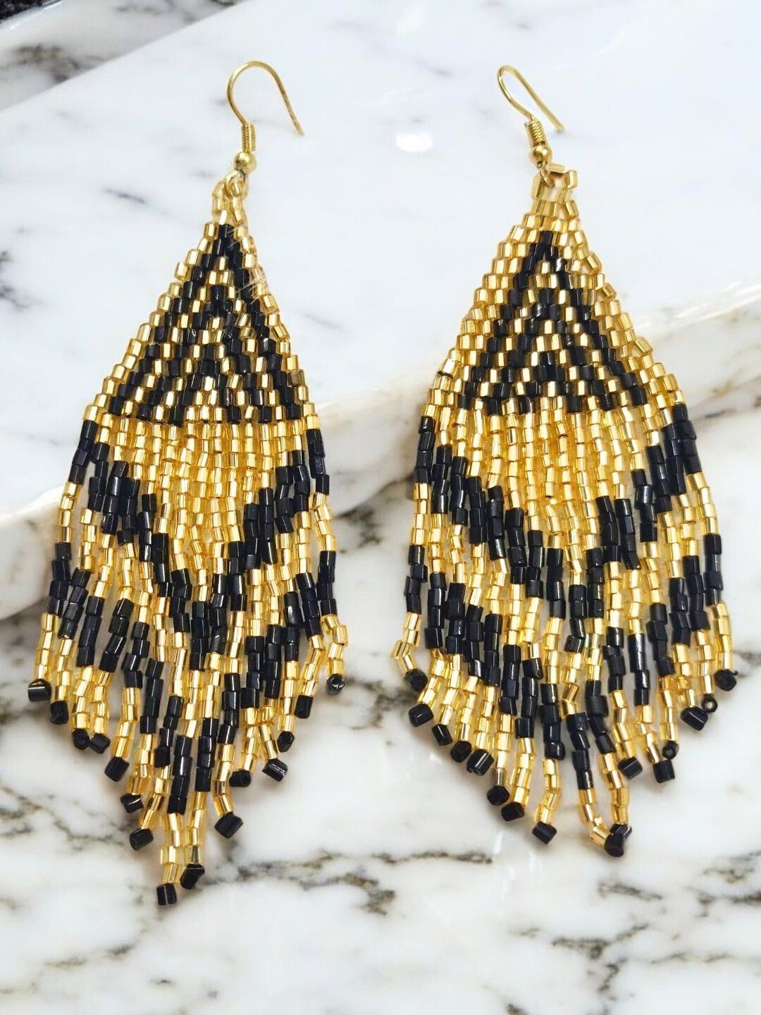 

VIVAZS Gold-Plated Contemporary Beaded Tasselled Drop Earrings, Black