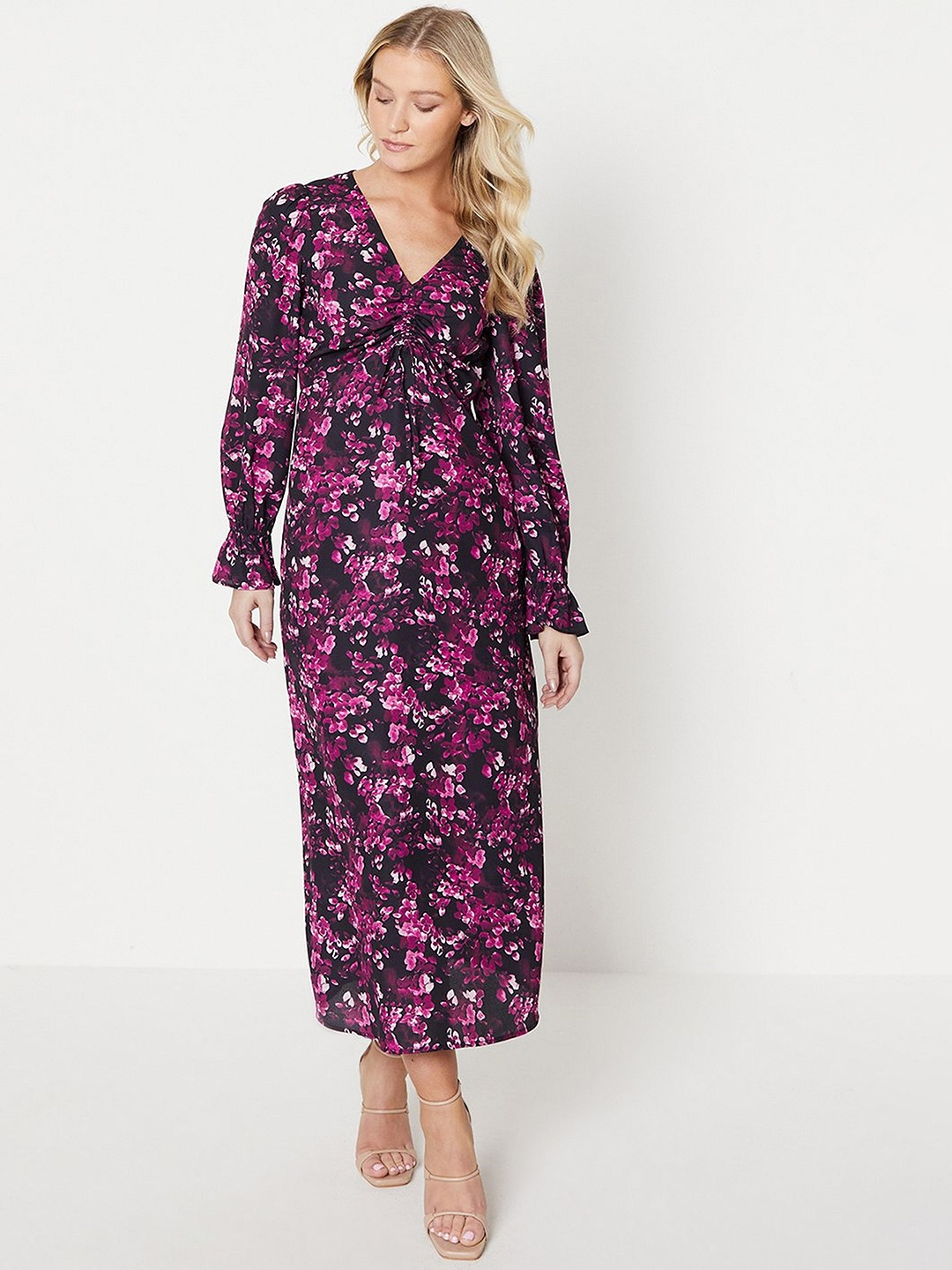 

DOROTHY PERKINS Floral Print Ruched Front A-Line Midi Dress, Black