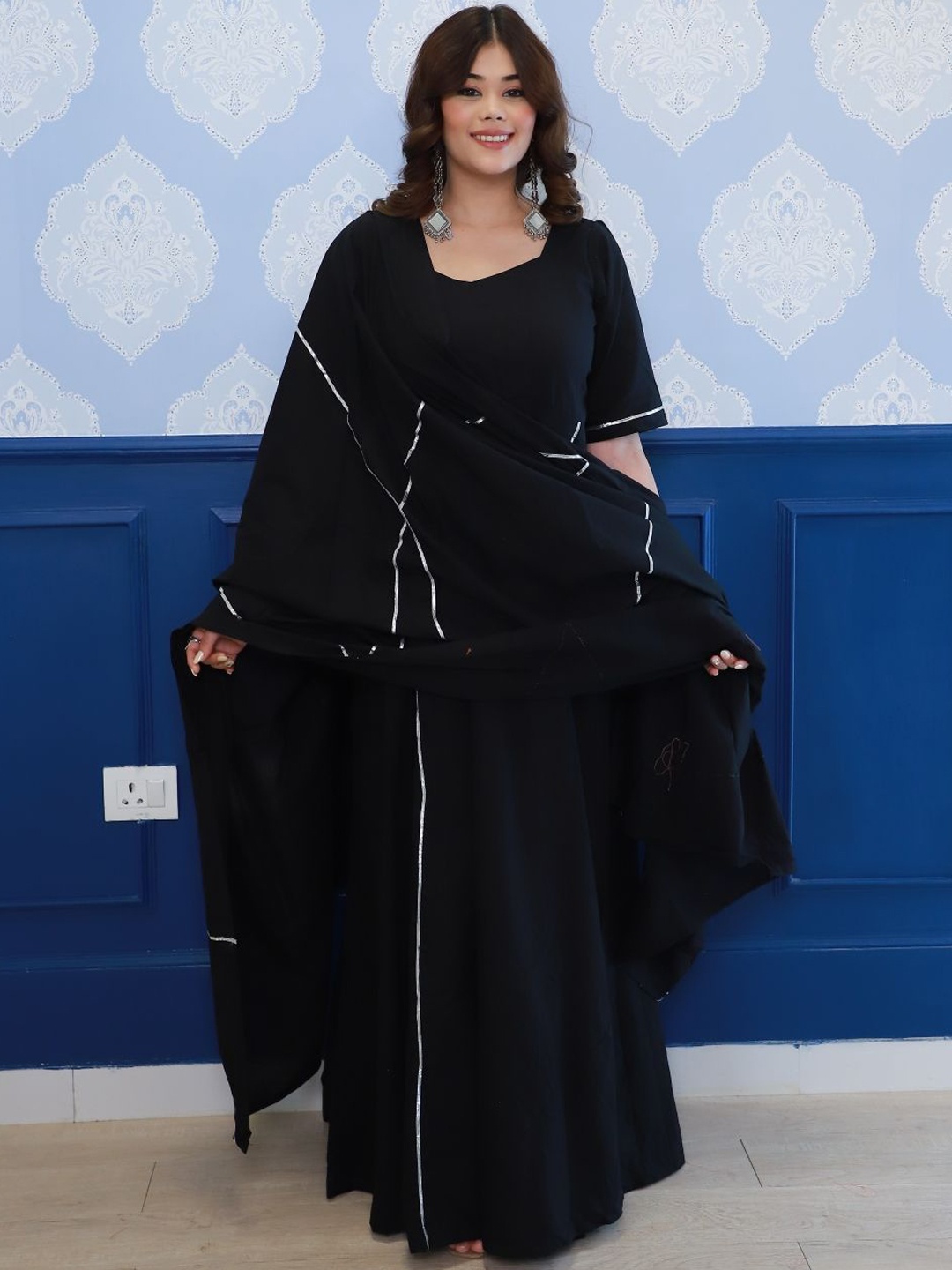 

Swadeshi Shringaar Anarkali Ethnic Maxi Dress With Dupatta, Black