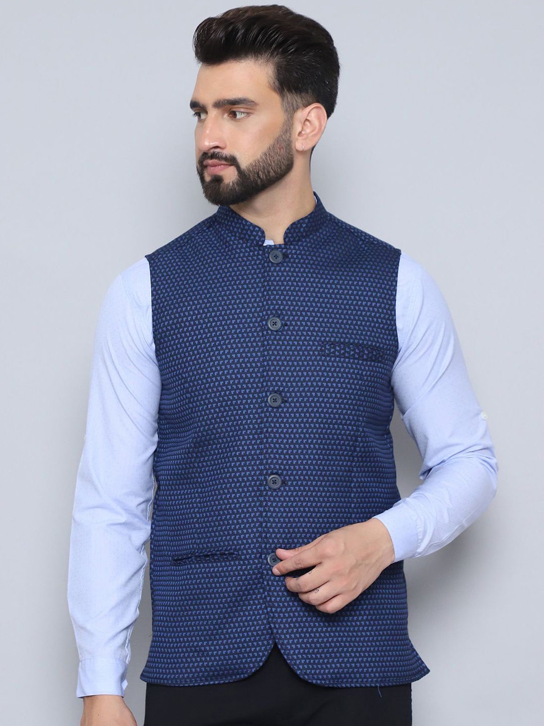 

even Printed Woven Nehru Jacket, Blue