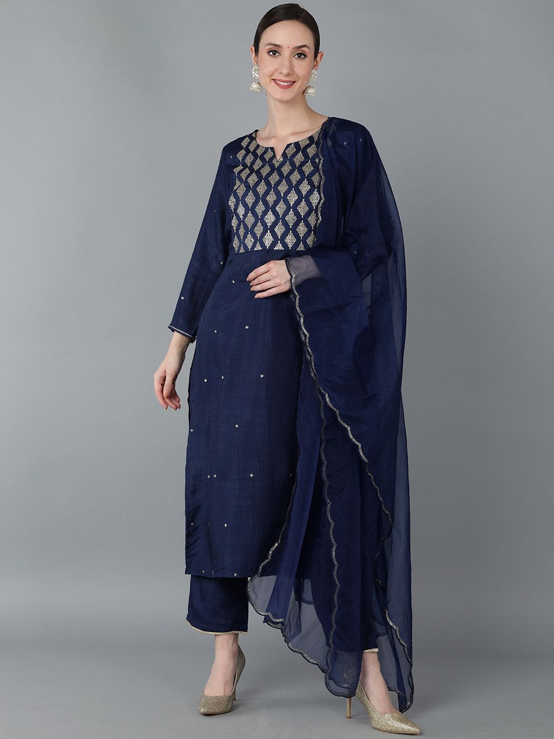 

KALINI Geometric Embroidered Sequinned Straight Kurta With Trousers & Dupatta, Navy blue