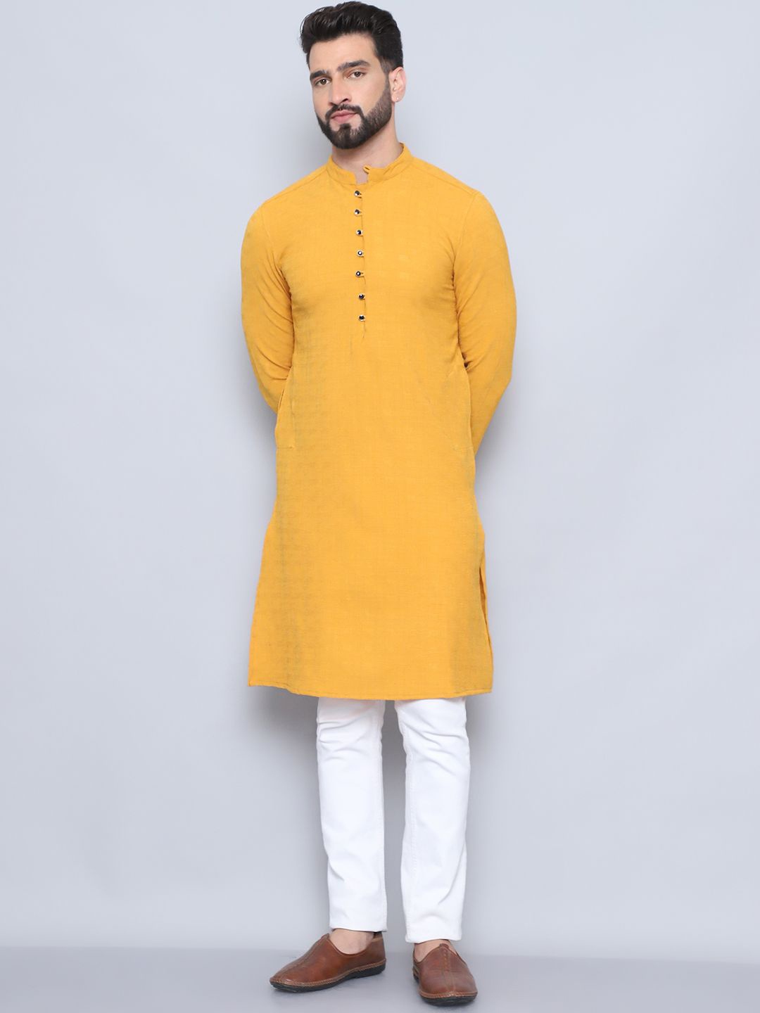 

even Geometric Woven Design Mandarin Collar Straight Kurta, Yellow