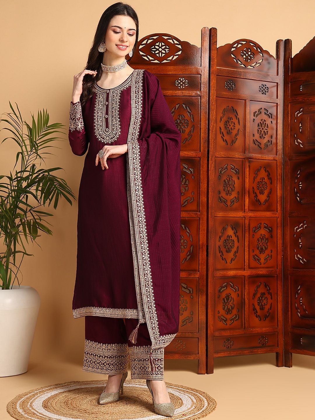 

KALINI Ethnic Motifs Yoke Design Kurta with Palazzos & Dupatta, Purple