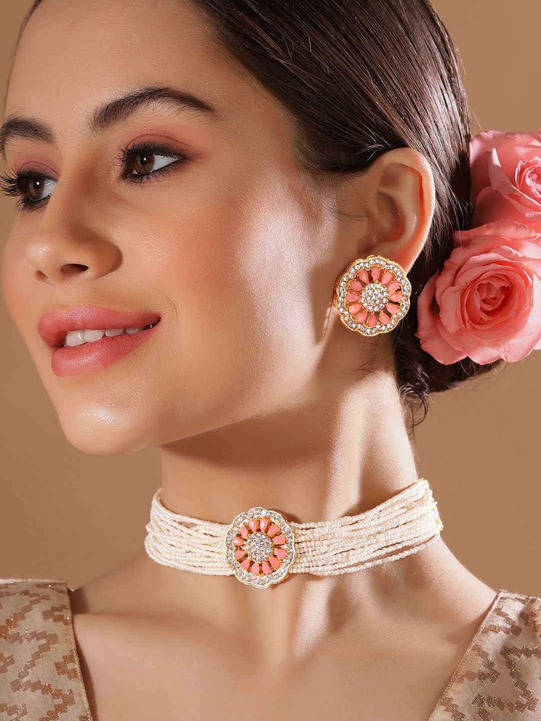 

Rubans 22K Gold-Plated Peach & White Beaded Kundan Choker Set with Matching Stud Earrings