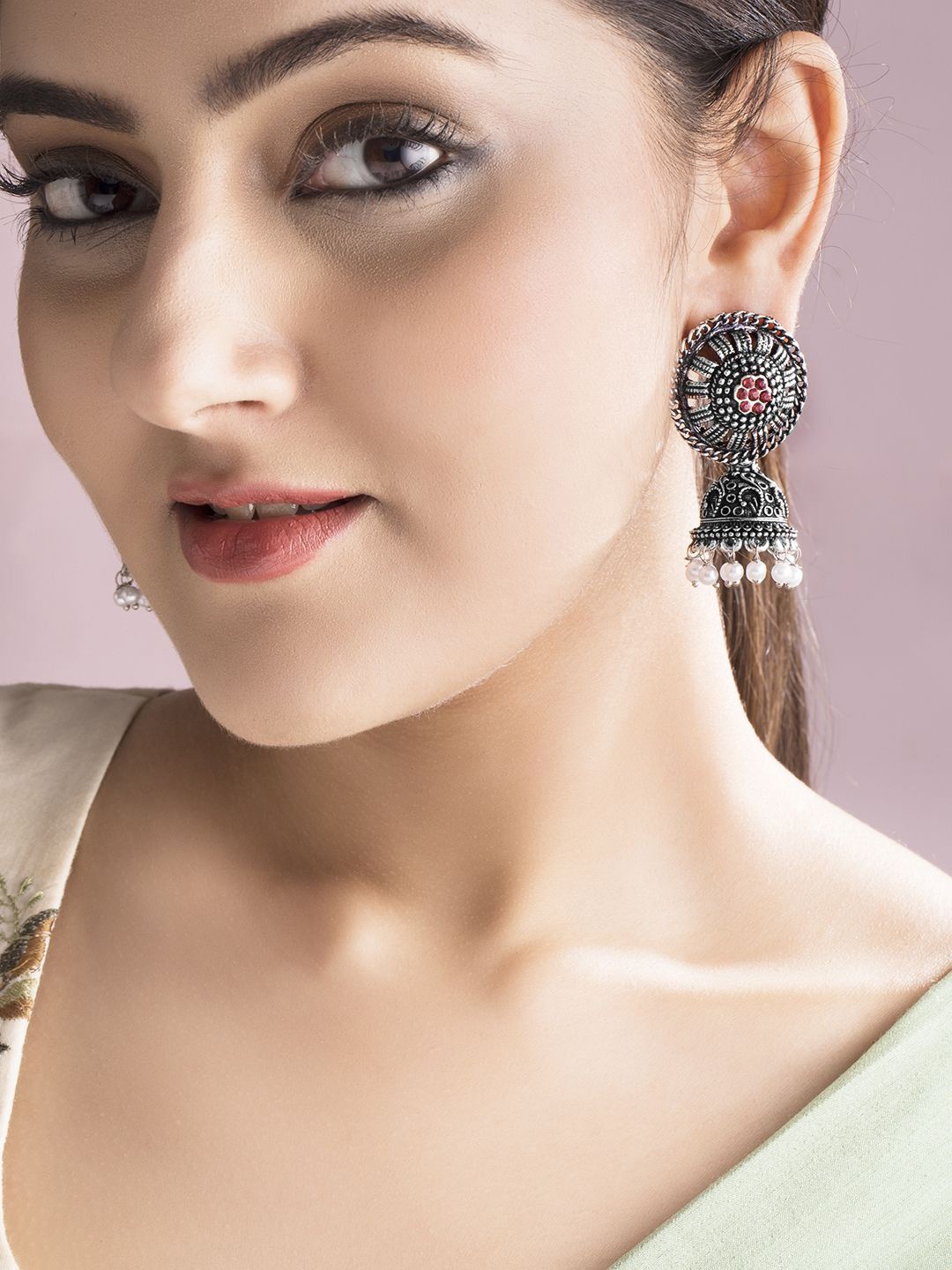 

Rubans Silver-Plated Oxidised Dome-Shaped Jhumkas with Red Stones and Pearl Drops