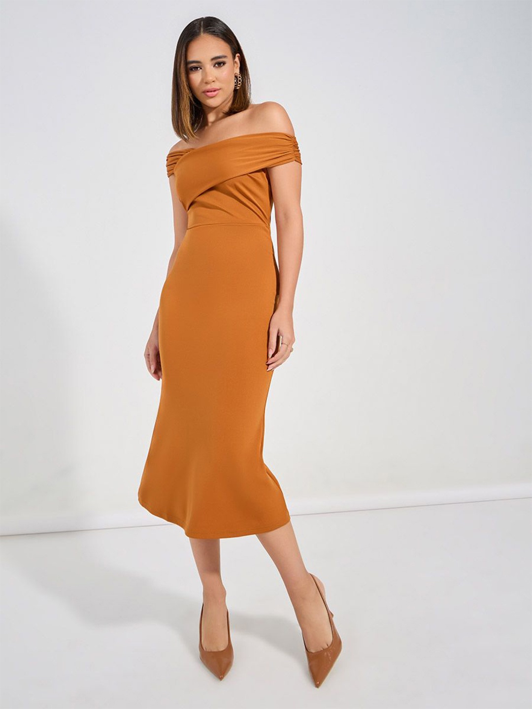 

Styli Women Solid Off Shoulder Neck Bodycon Midi Dress, Rust