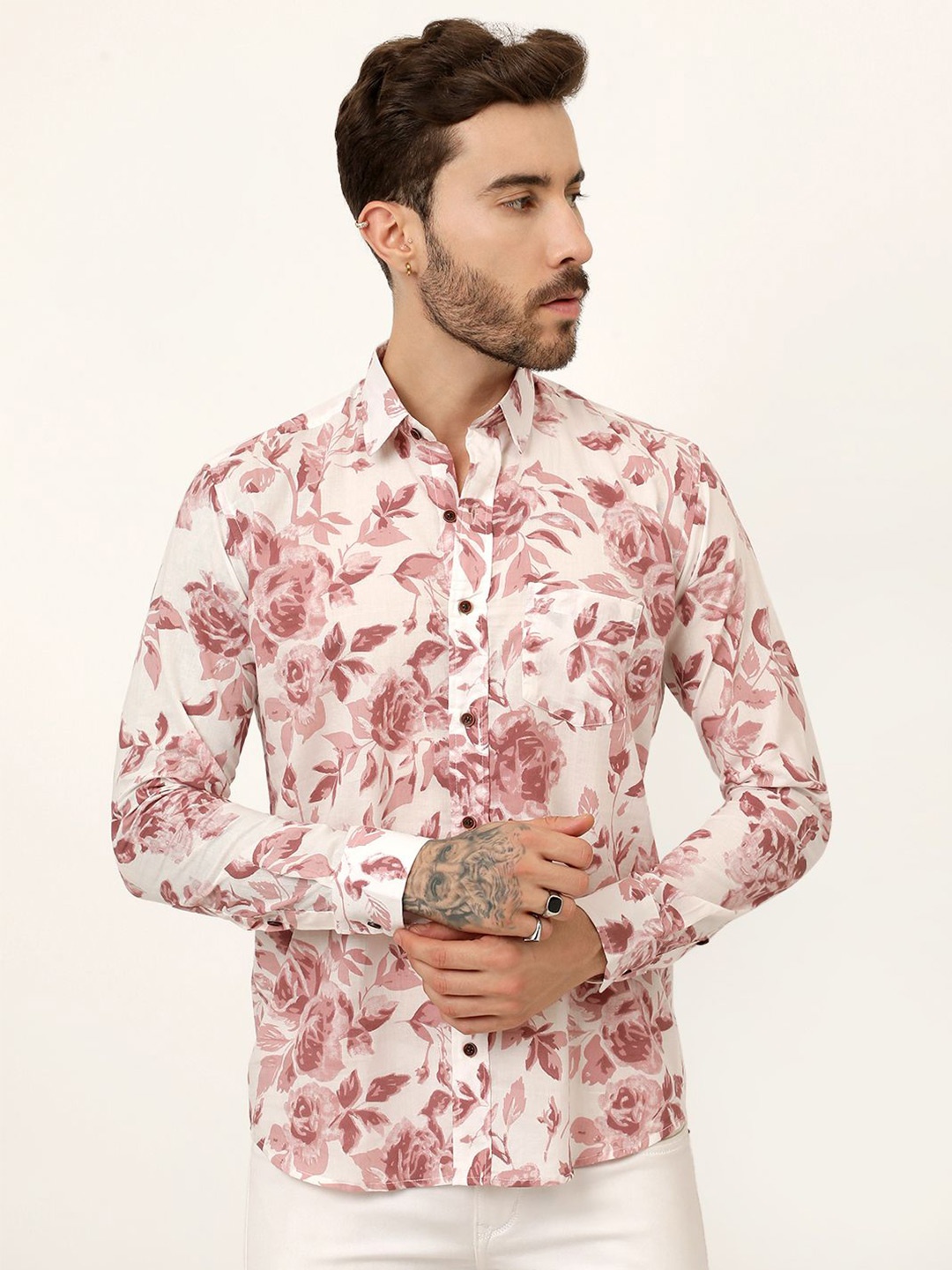 

SPS Men Relaxed Spread Collar Floral Printed Cotton Casual Shirt, White