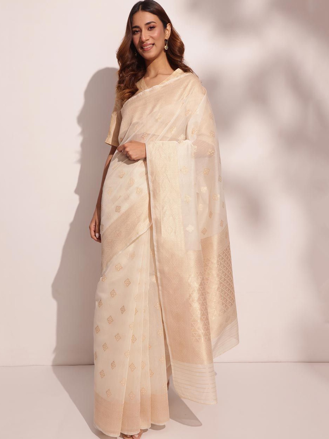

Fabindia Ethnic Motifs Zari Silk Cotton Saree, Off white