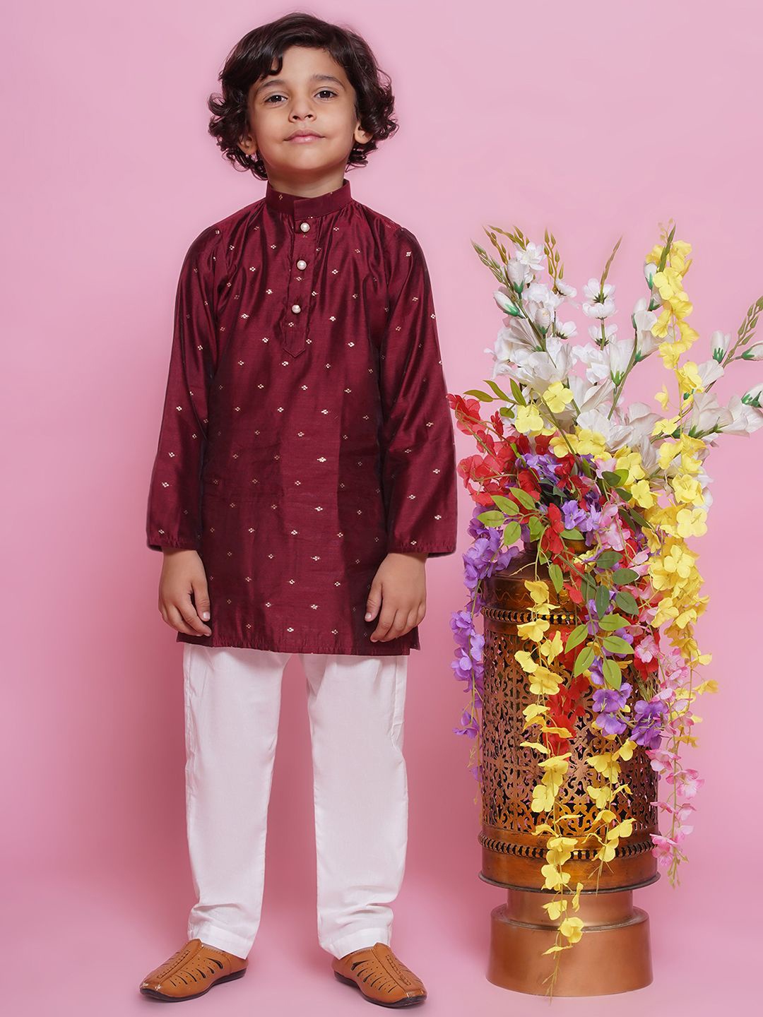 

Little Bansi Boys Floral Woven Design Straight Pure Silk Kurta with Pyjamas, Maroon