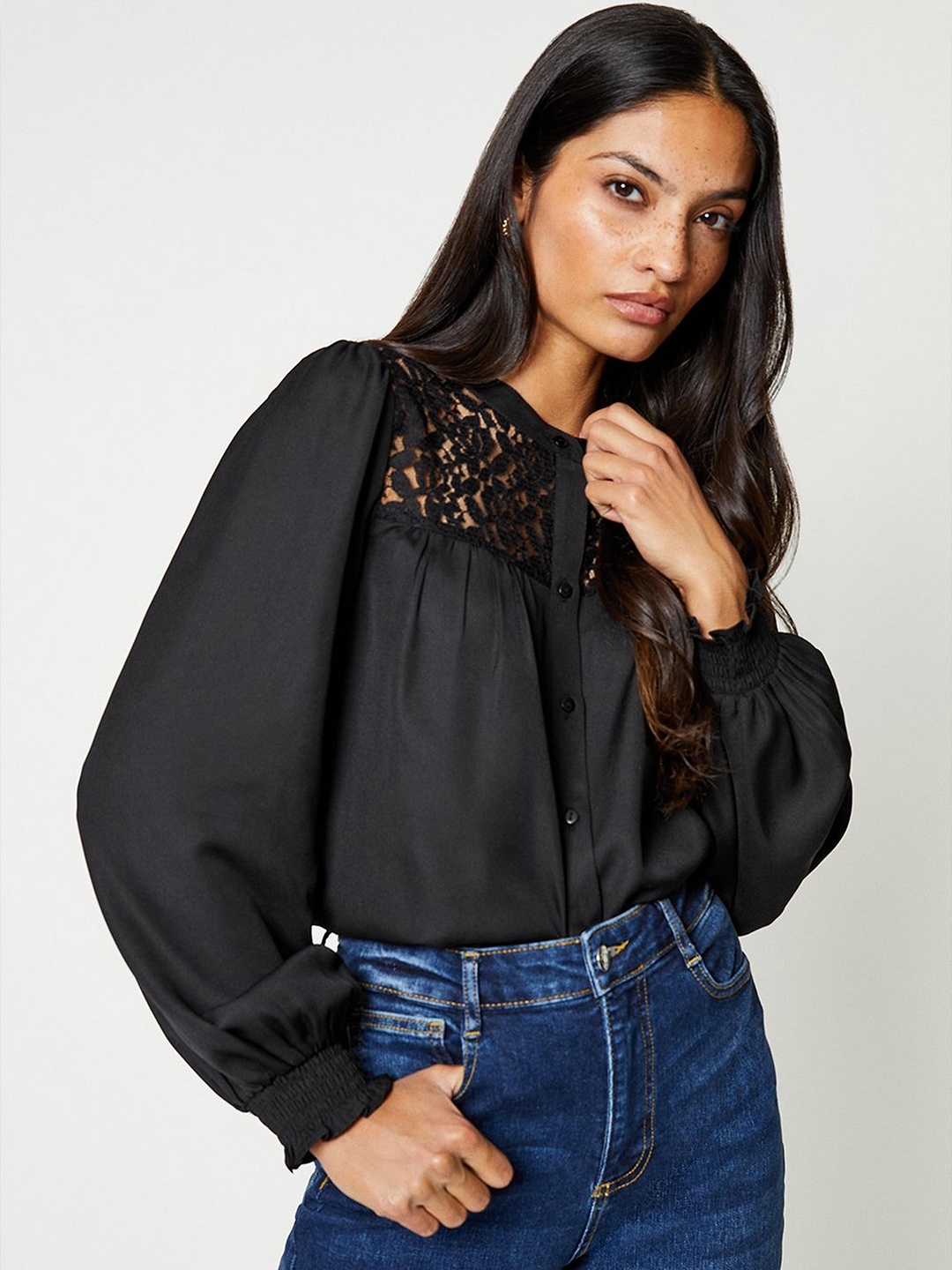 

DOROTHY PERKINS Lace Inserts Bishop Sleeves Shirt Style Top, Black