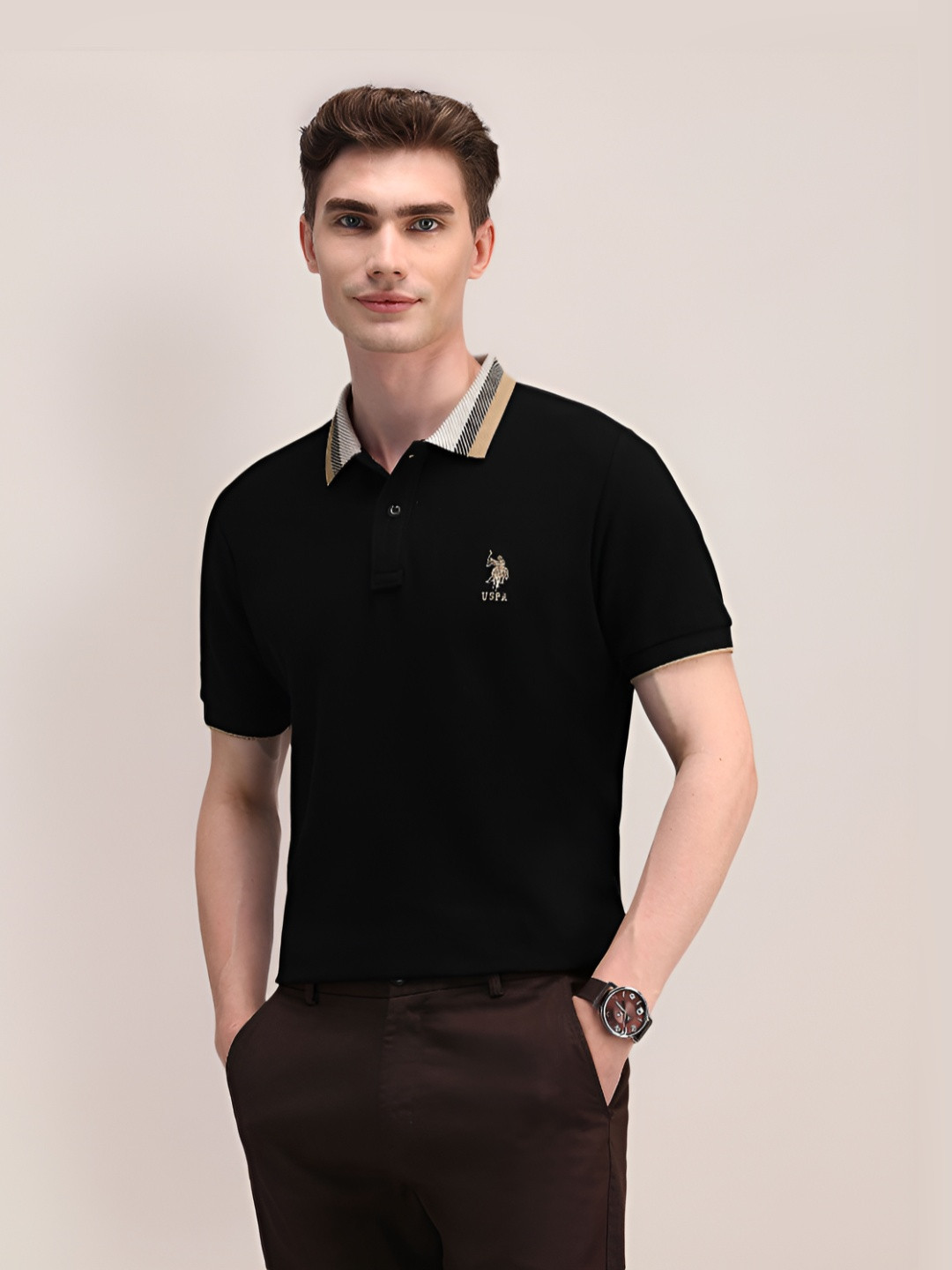 

U.S. Polo Assn. Men Solid Polo Collar Cotton Slim Fit T-Shirt, Black