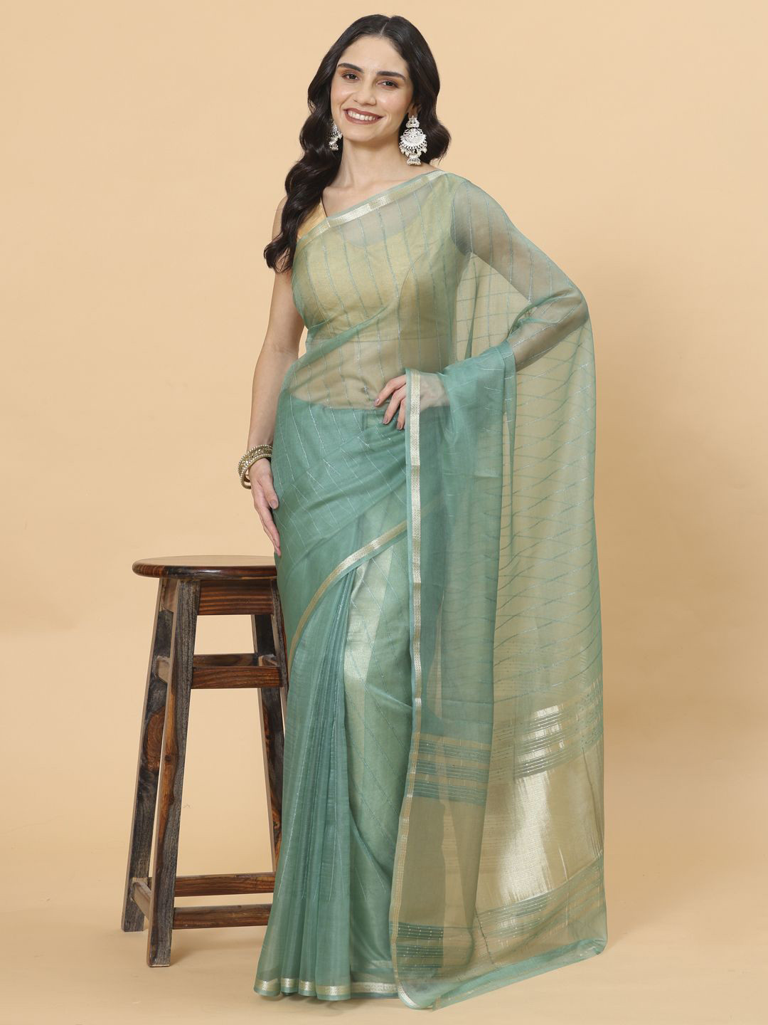 

Meena Bazaar Striped Zari Organza Saree, Sea green