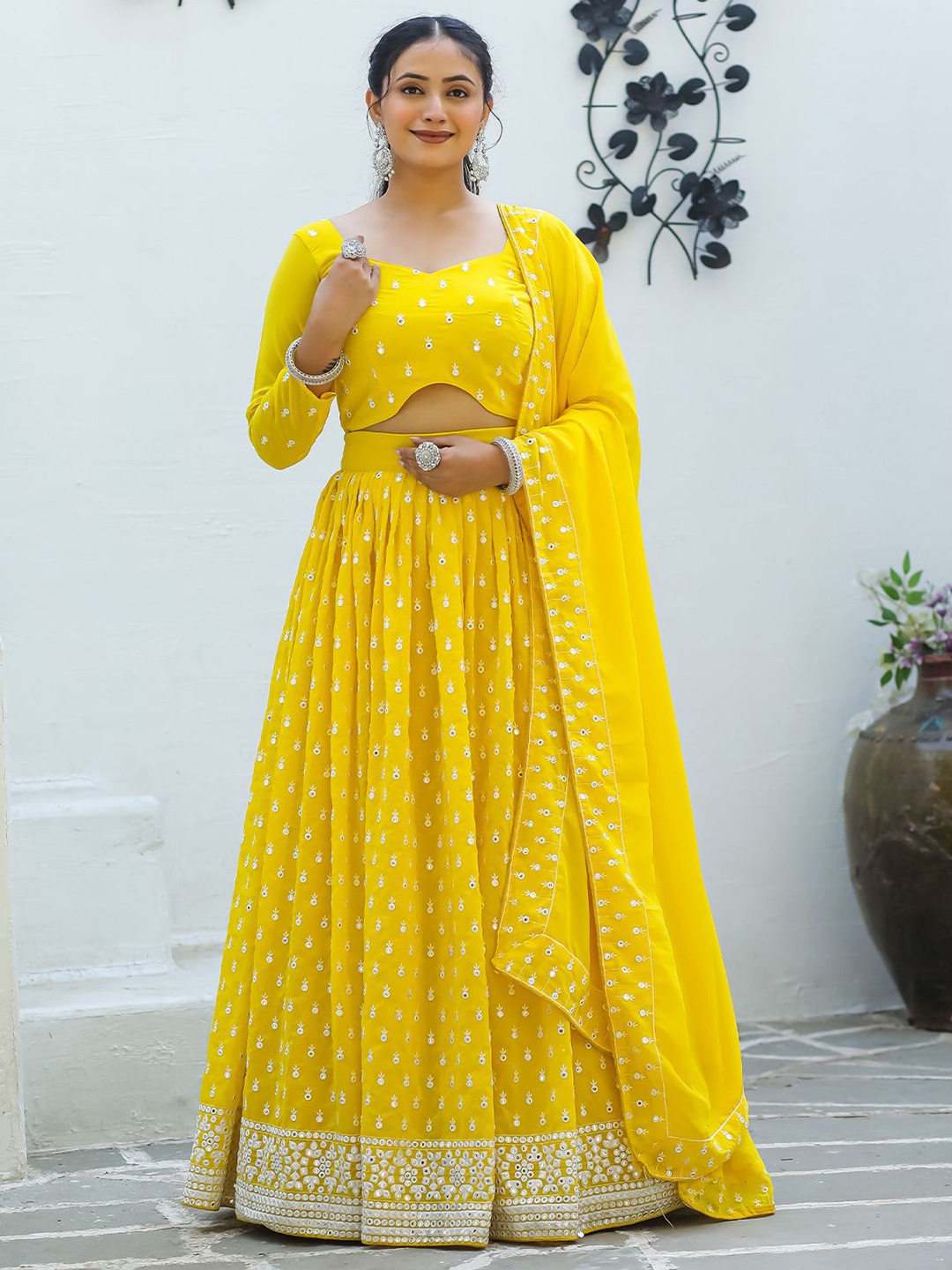 

ODETTE Embroidered Mirror Work Semi-Stitched Lehenga & Unstitched Blouse With Dupatta, Yellow