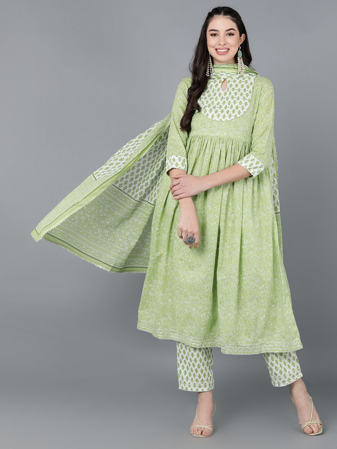 

KALINI Floral Printed Gotta Patti Pure Cotton Anarkali Kurta with Trousers & Dupatta, Green