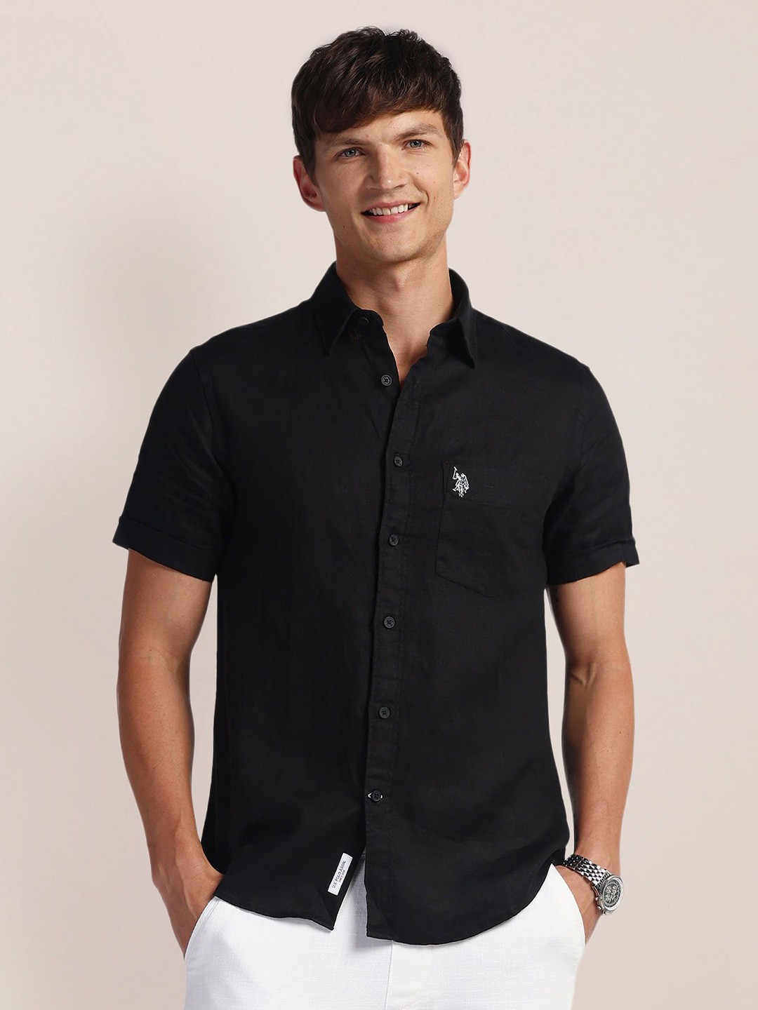 

U.S. Polo Assn. Men Classic Spread Collar Solid Linen Casual Shirt, Black