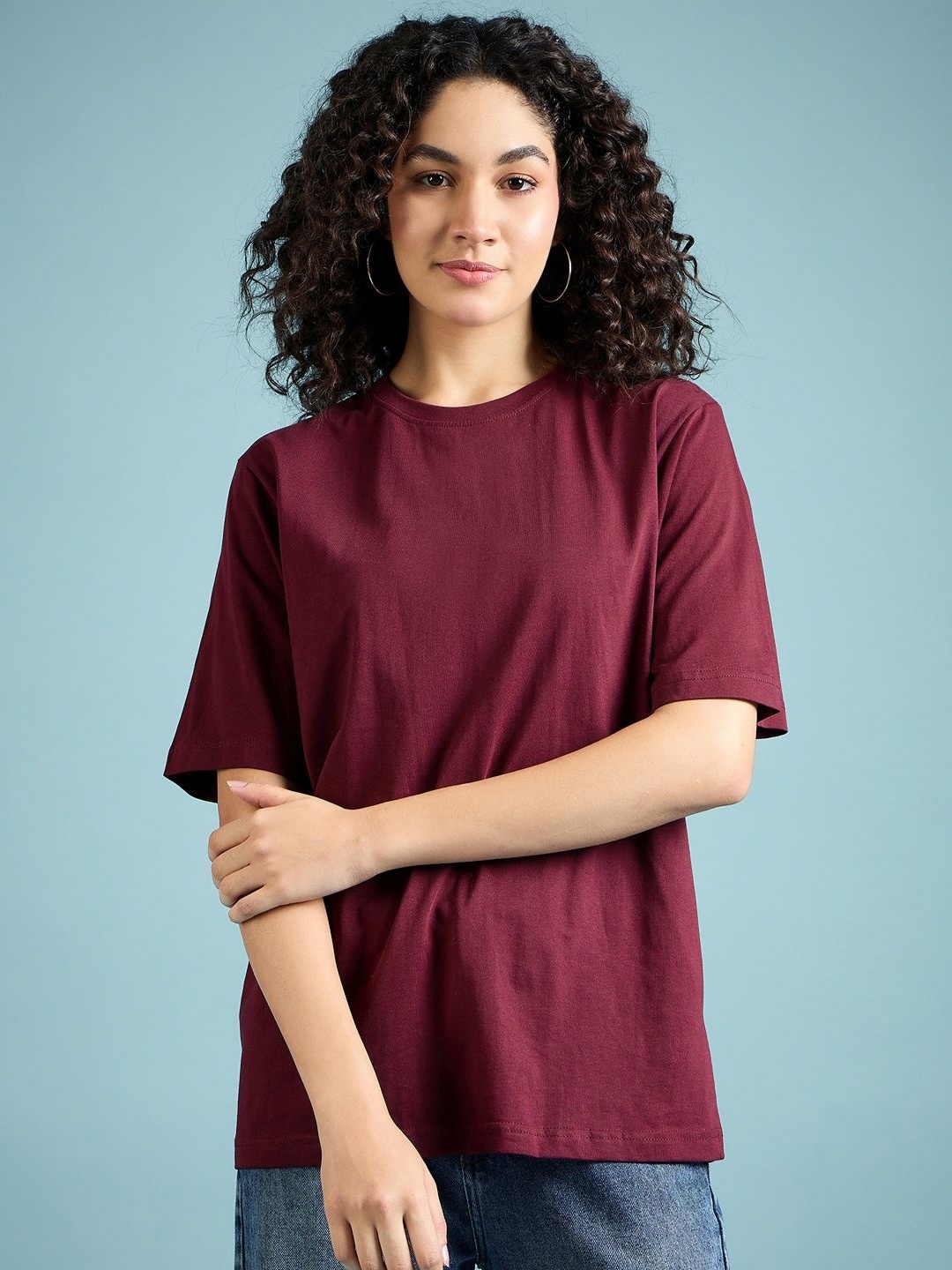 

DressBerry Women Solid Round Neck Cotton Oversized T-Shirt, Maroon