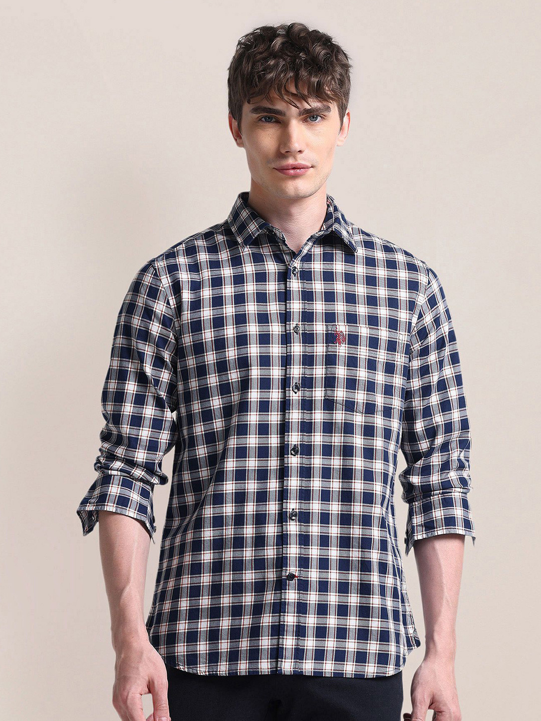 

U.S. Polo Assn. Men Classic Spread Collar Tartan Checked Cotton Casual Shirt, Blue