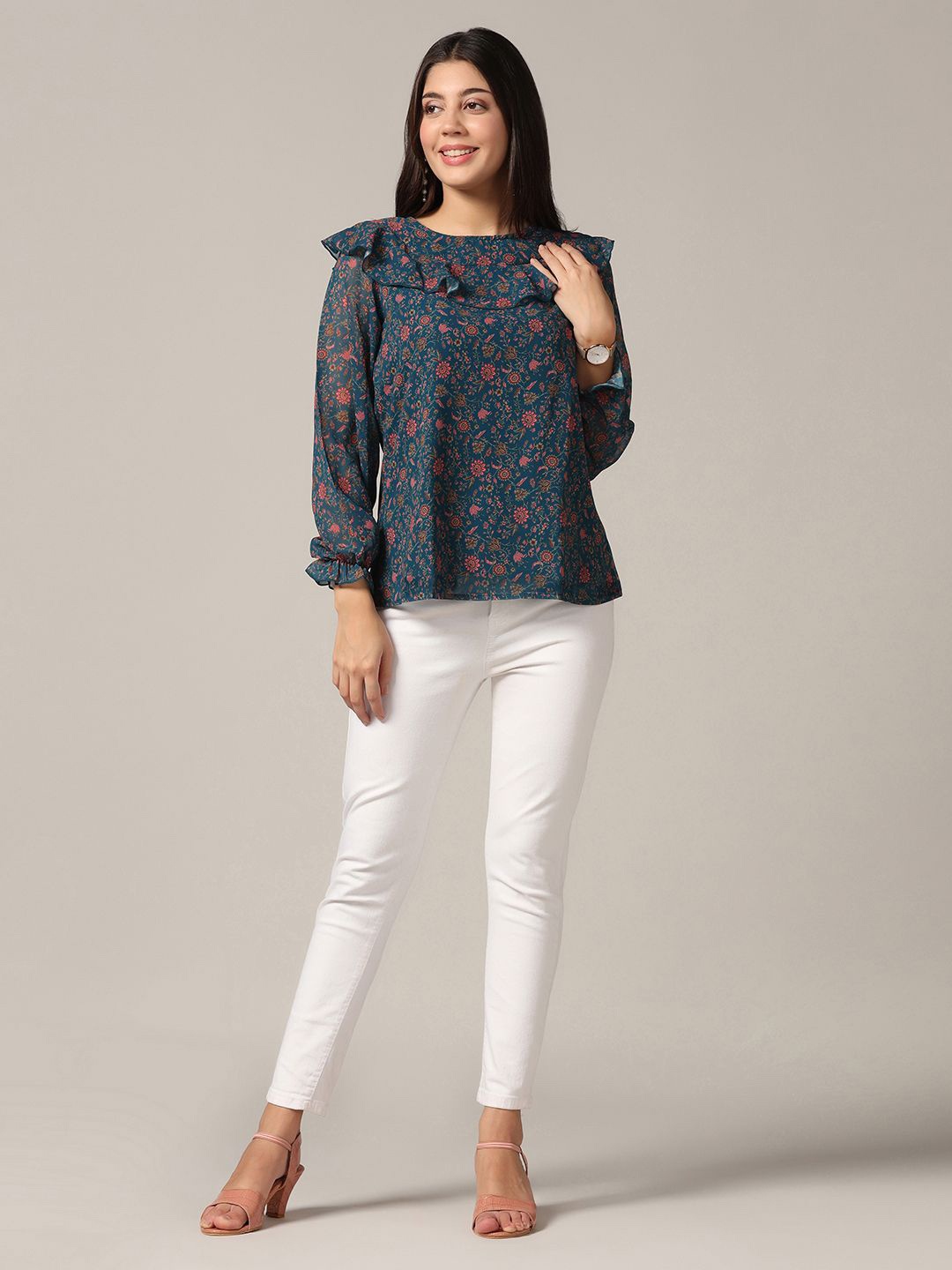 

BAESD Floral Print Georgette Top, Teal