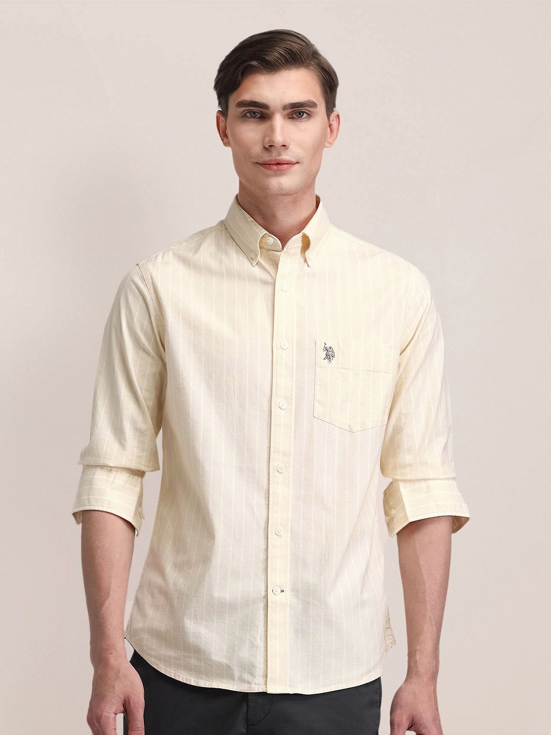 

U.S. Polo Assn. Men Classic Button-Down Collar Vertical Striped Cotton Casual Shirt, Yellow