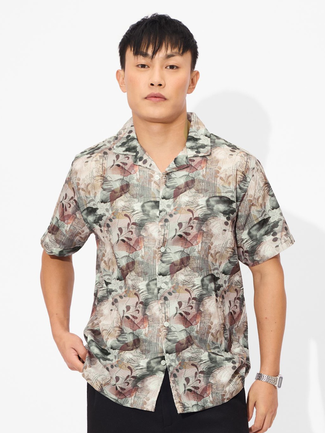 

The Souled Store Men Cuban Collar Abstract Printed Cotton Casual Shirt, White