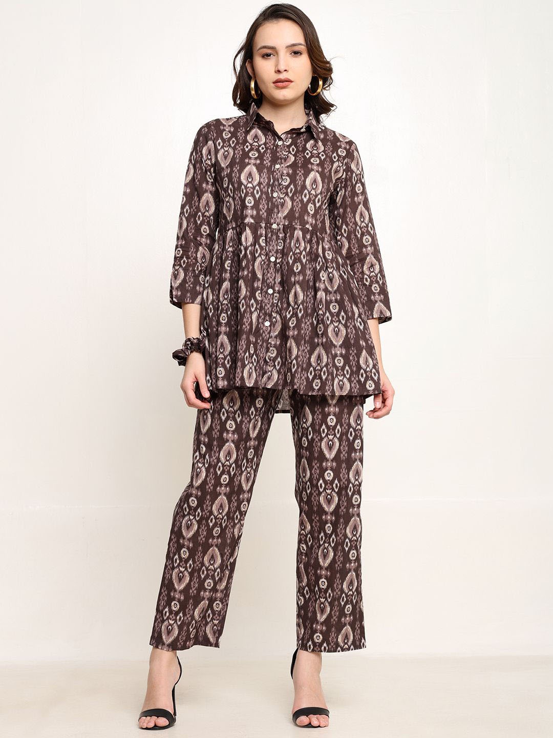 

CORDSET Printed Pure Cotton Shirt & Trousers, Brown