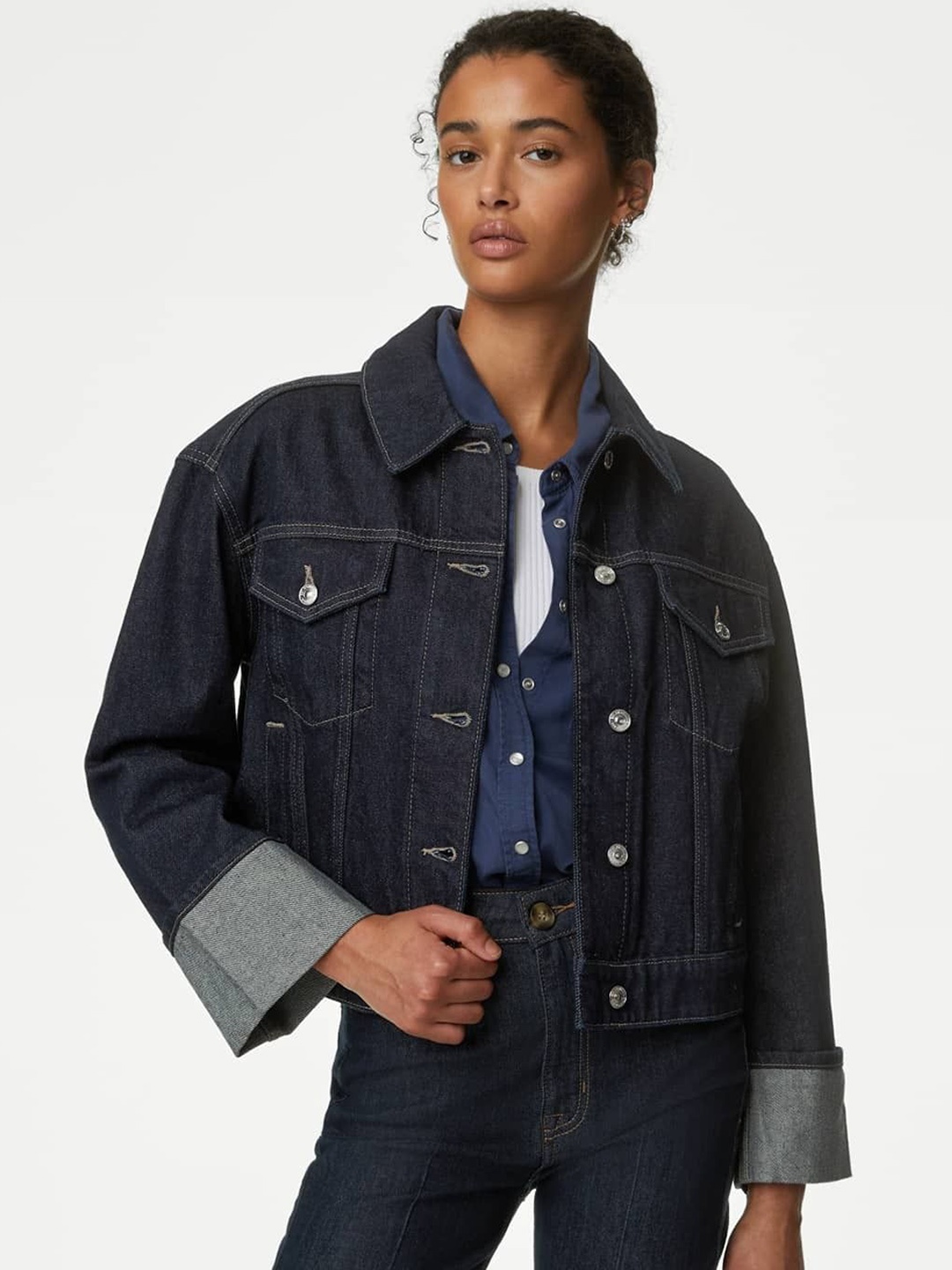 

Marks & Spencer Women Washed Checked Lightweight Longline Denim Jacket, Navy blue