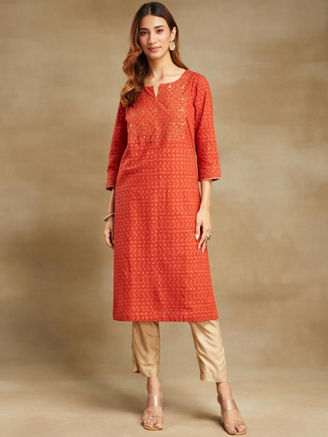 

Fabindia Ethnic Motifs Printed Beads & Stones Cotton Straight Kurta, Rust