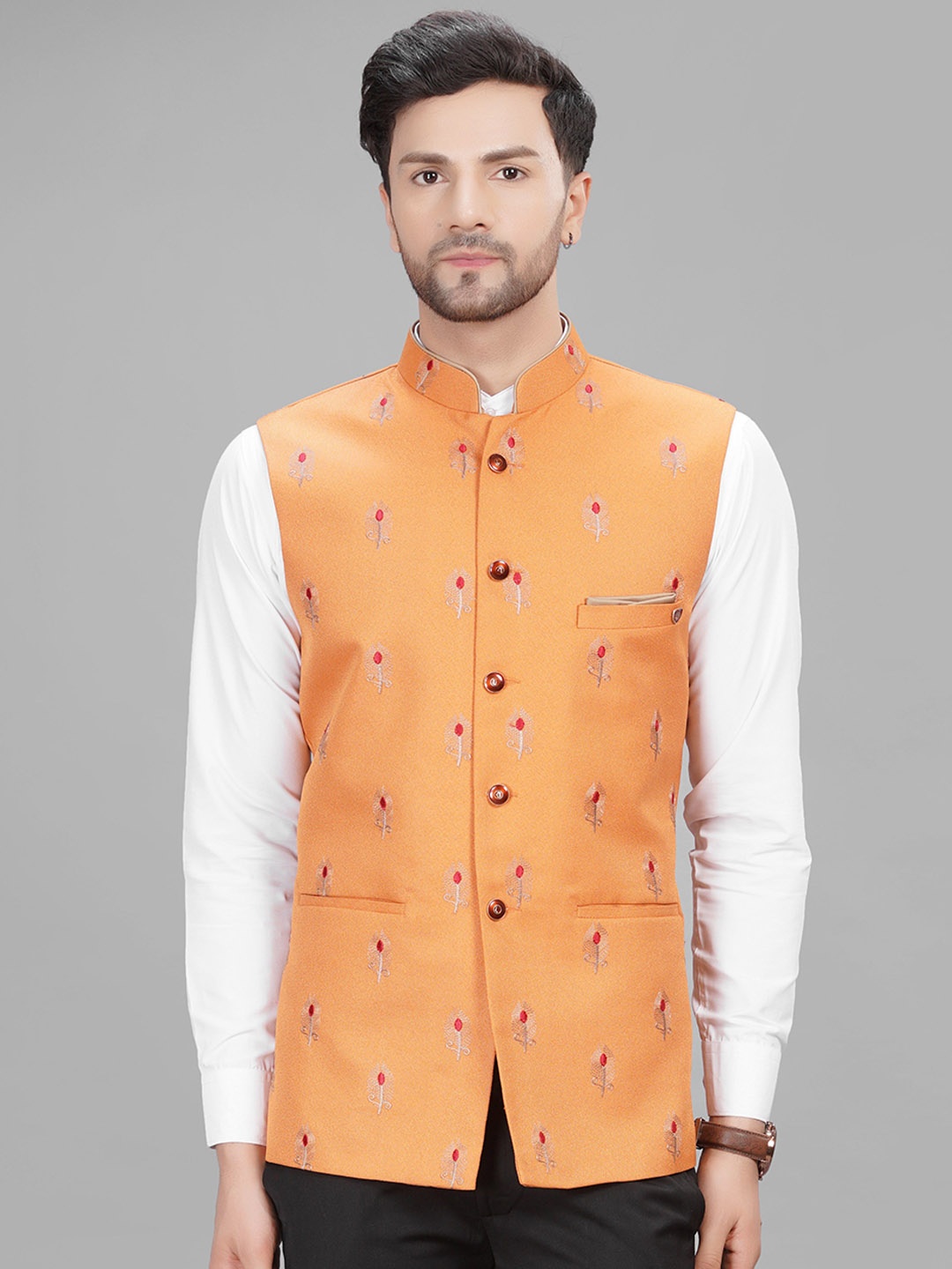 

LA'SCOOT Floral Printed Stand Collar Nehru Jacket, Orange