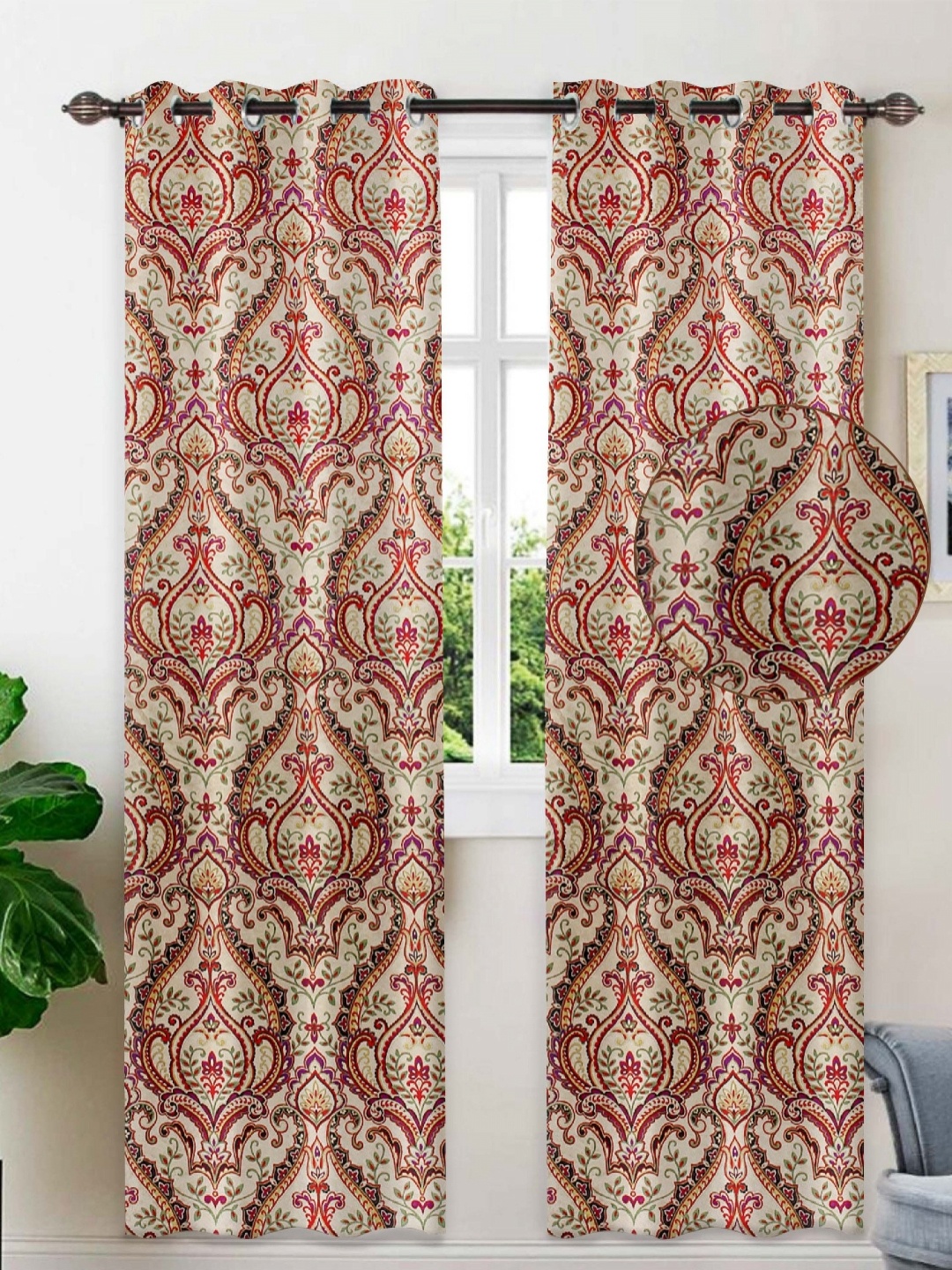

Tesmare Gold-Toned & Red Ethnic Motifs Velvet Room Darkening Window Curtain