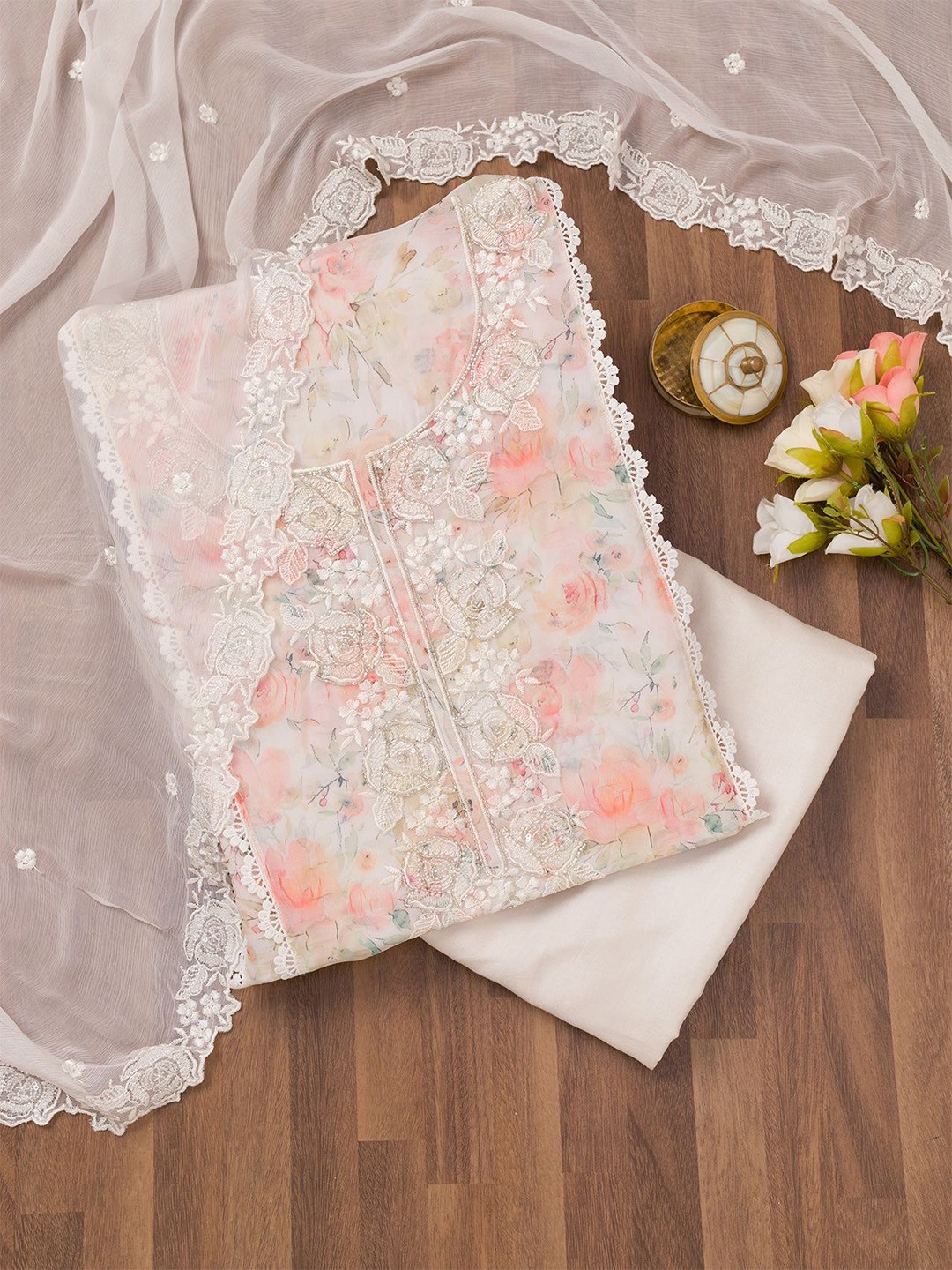 

Koskii Floral Printed Beads and Stones Organza Unstitched Dress Material, White