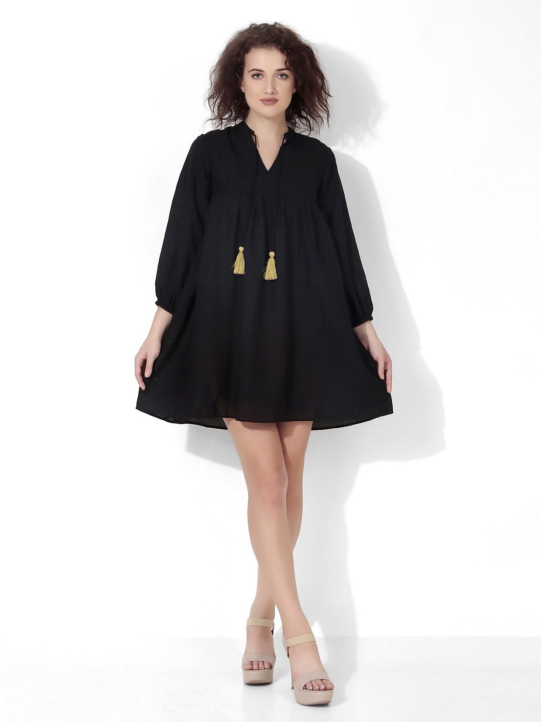 

Seryeon Tie Up Neck Puff Sleeves A-Line Mini Dress, Black