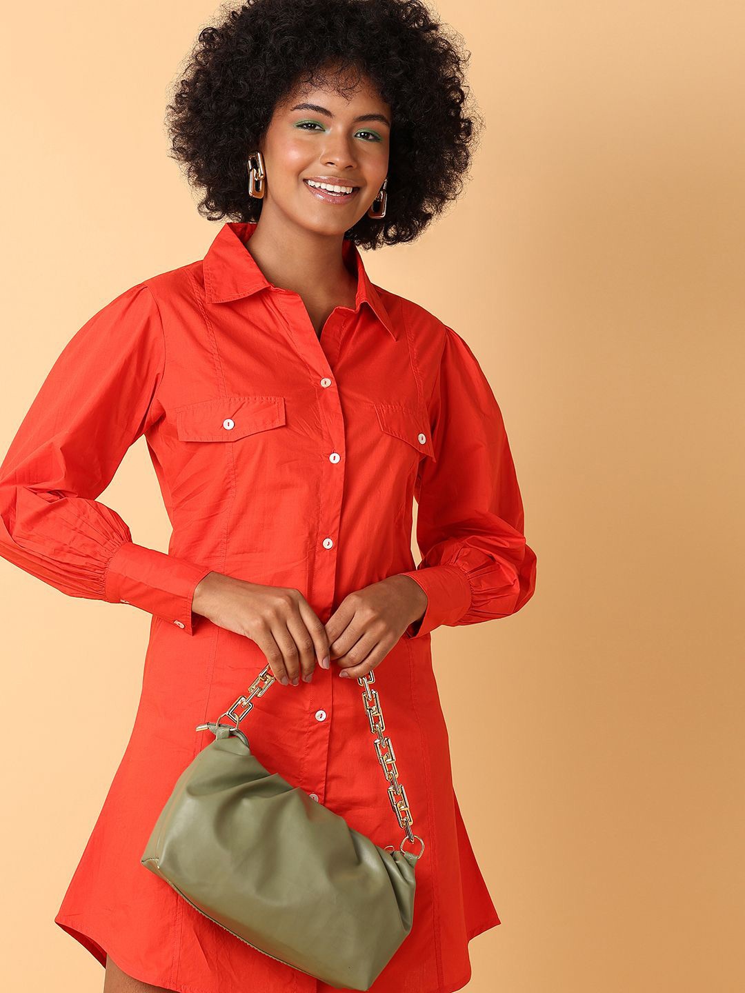 

UNLIMITED Bishop Sleeve Solid Mini Shirt Dress, Orange