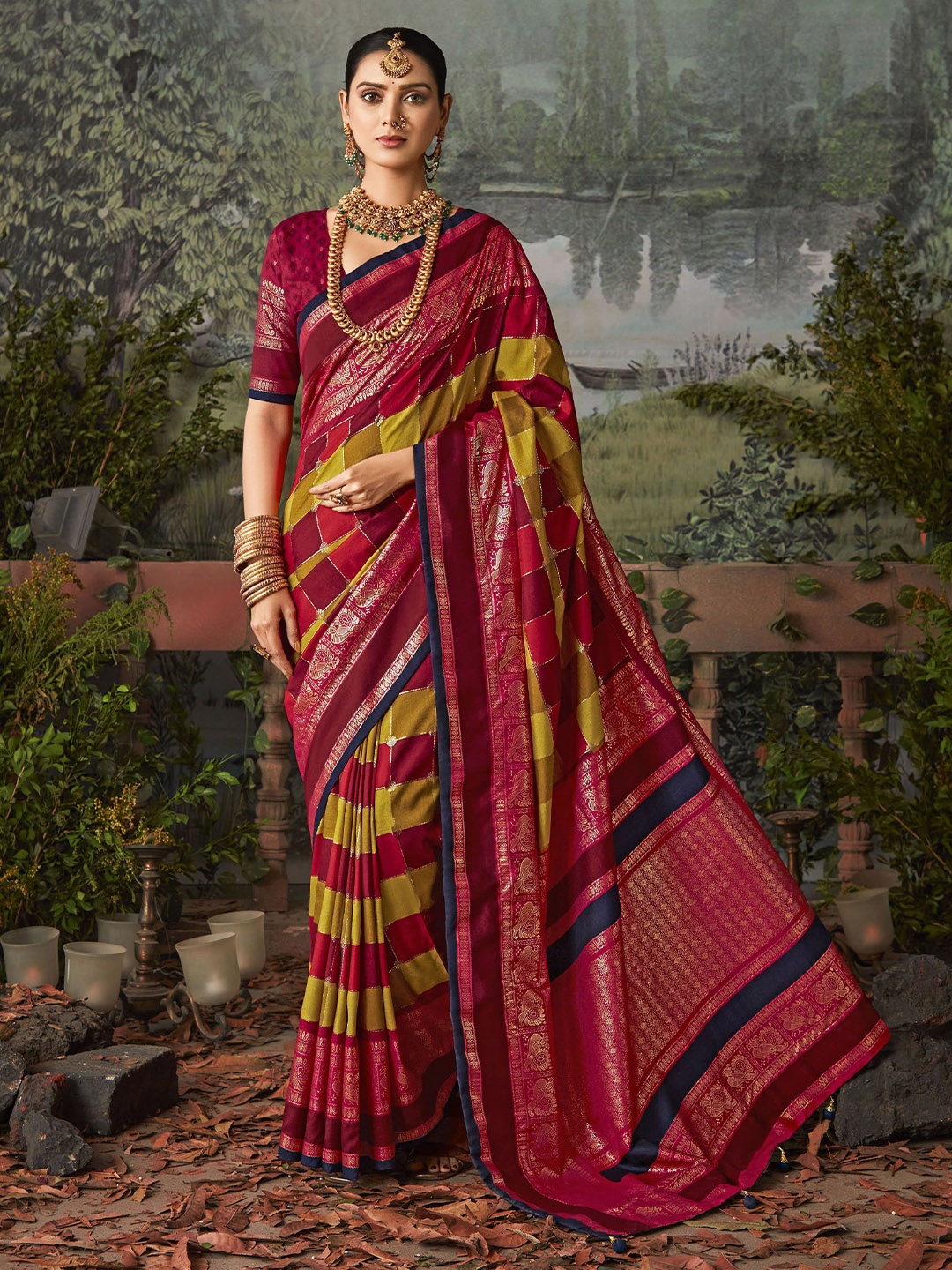 

Ethnielle Woven Design Zari Silk Blend Banarasi Saree, Red