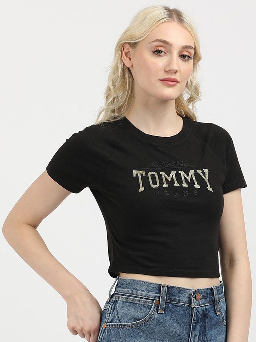 

Tommy Hilfiger Women Striped Round Neck Cotton T-Shirt, Black