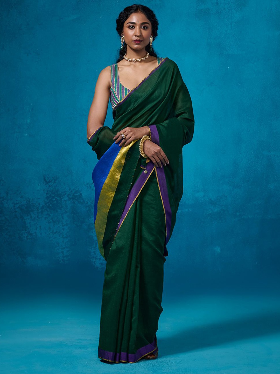 

Dressfolk Chanderi Saree with Blouse Piece, Green