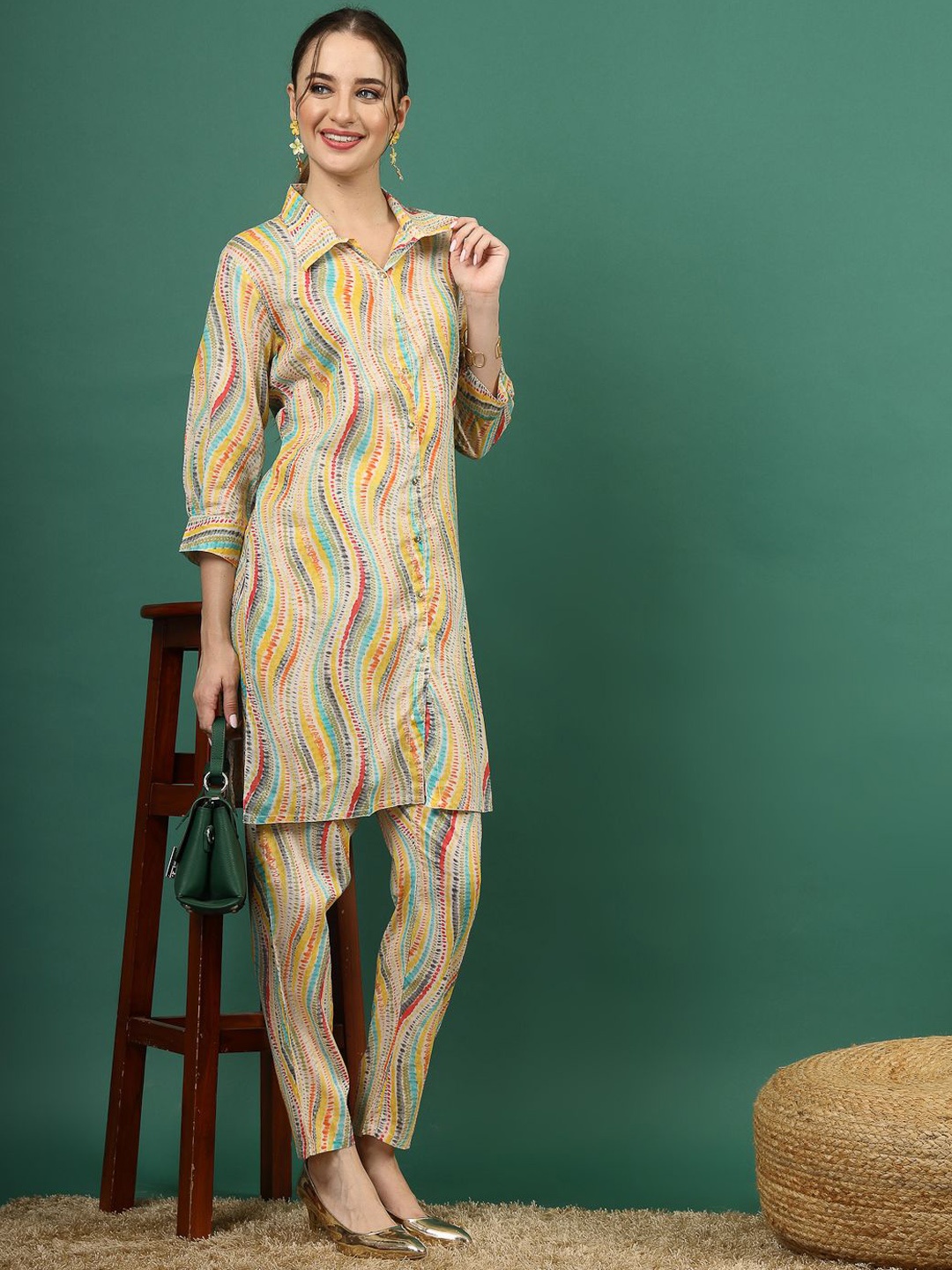

Ramas Abstract Printed Shirt Collar Regular Pure Cotton Kurta With Trousers, Beige