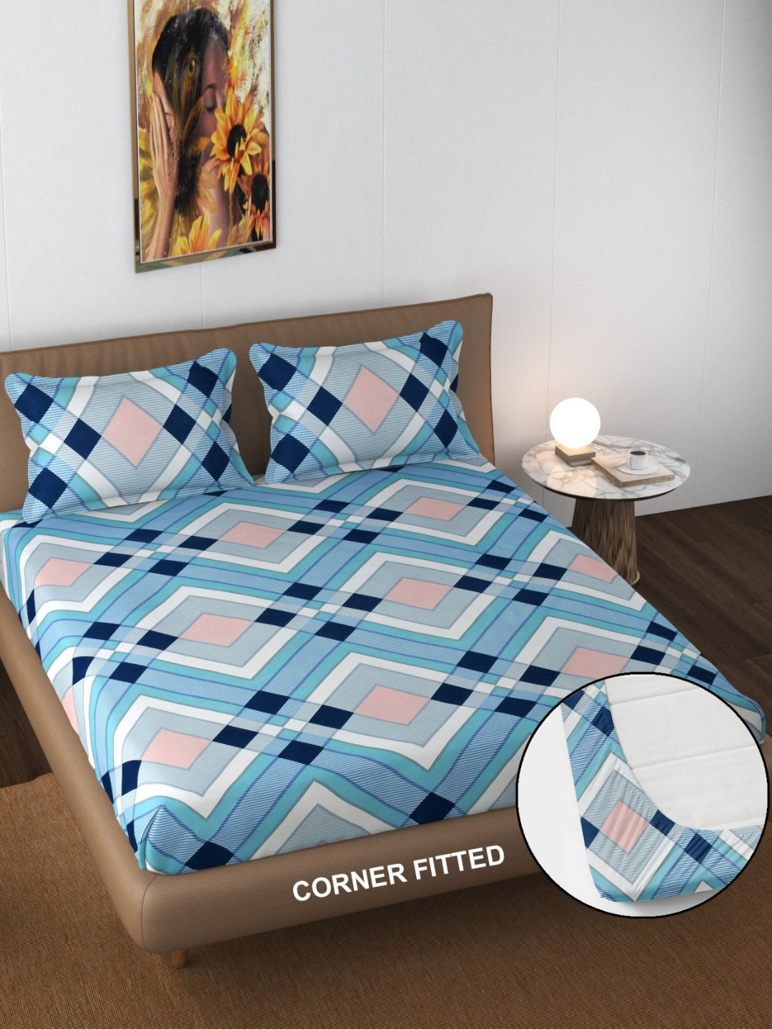 

FINE TEX WORLD Blue & White Geometric 180 TC Fitted King Bedsheet With 2 Pillow Covers