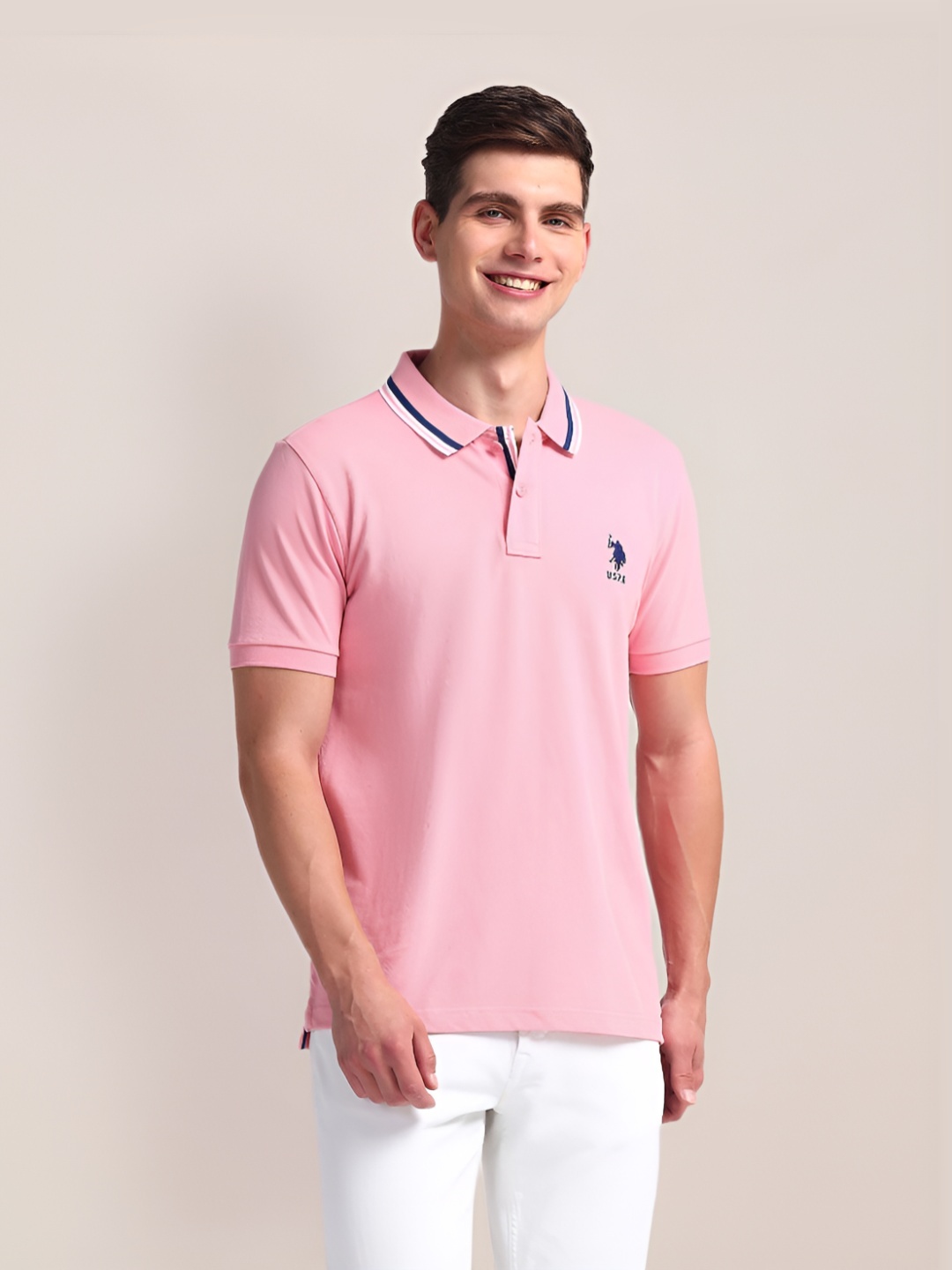 

U.S. Polo Assn. Men Solid Polo Collar Cotton Slim Fit T-Shirt, Pink