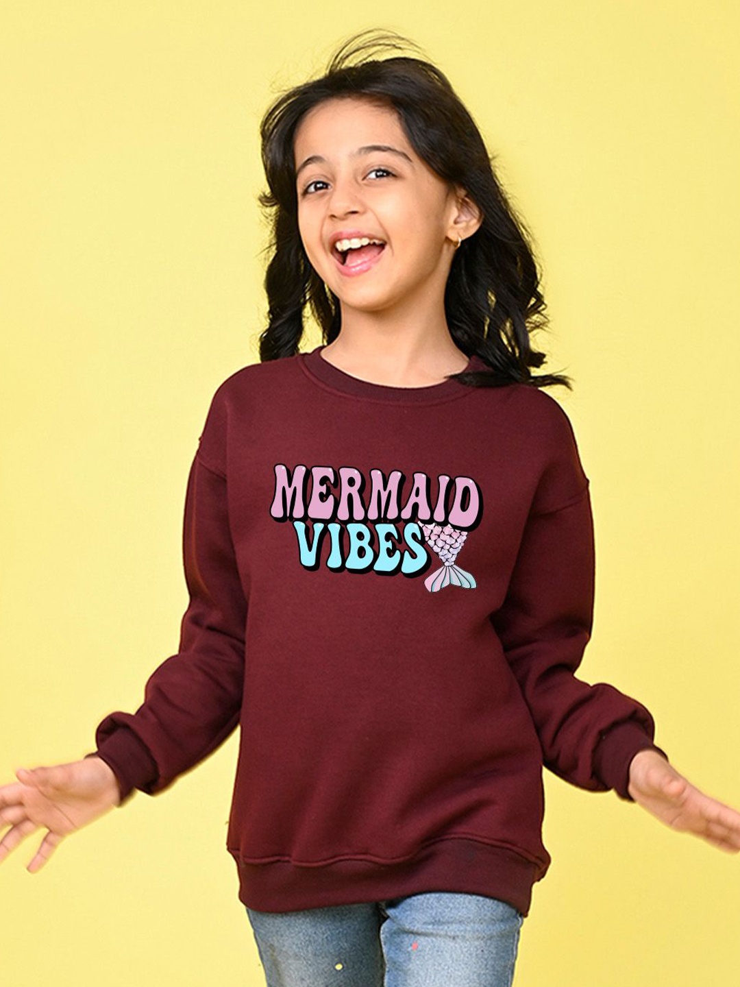 

NUSYL Girls Typography Printed Oversized Sweatshirt, Maroon