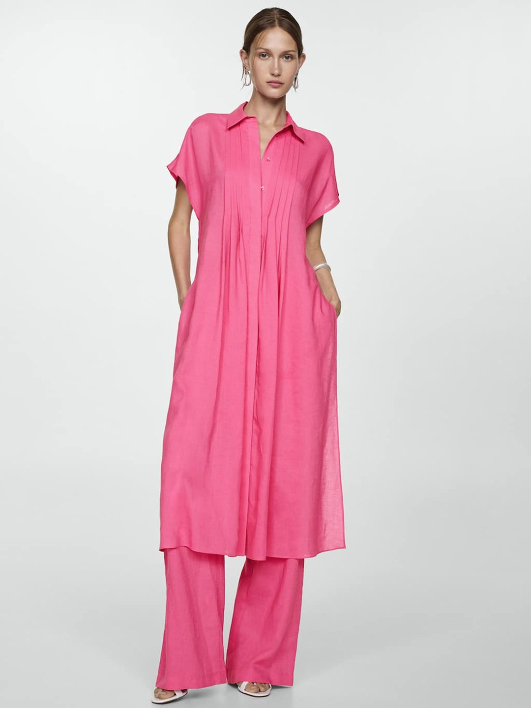 

MANGO Pleated Shirt Midi Dress with Side-Slits, Pink