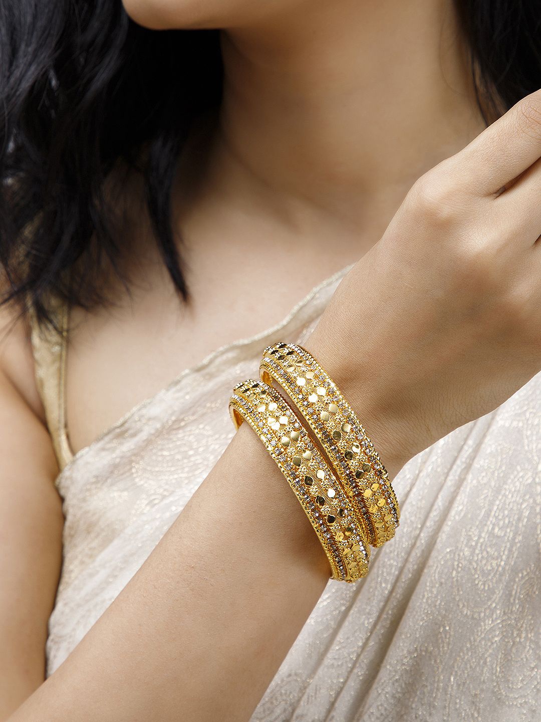 

Rubans Set of 2 22K Gold-Plated Textured Bangles with AD Stone Detailing