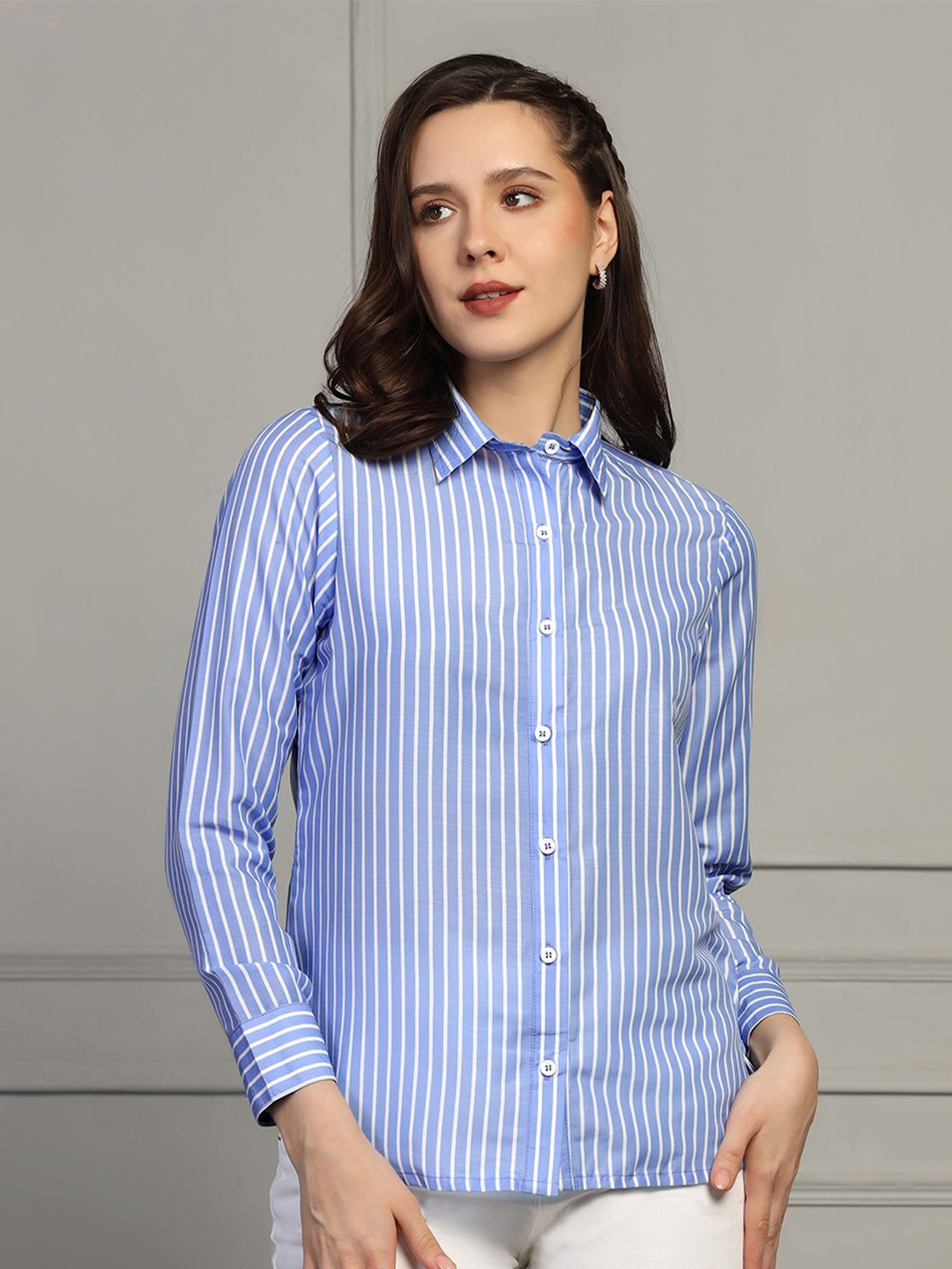 

BAESD Women Band Collar Multi Striped Casual Shirt, Blue