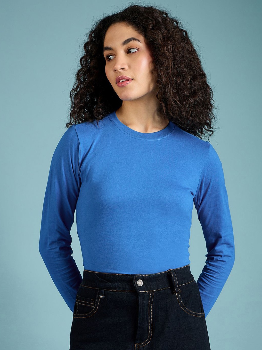 

DressBerry Women Solid Round Neck Cotton T-Shirt, Blue