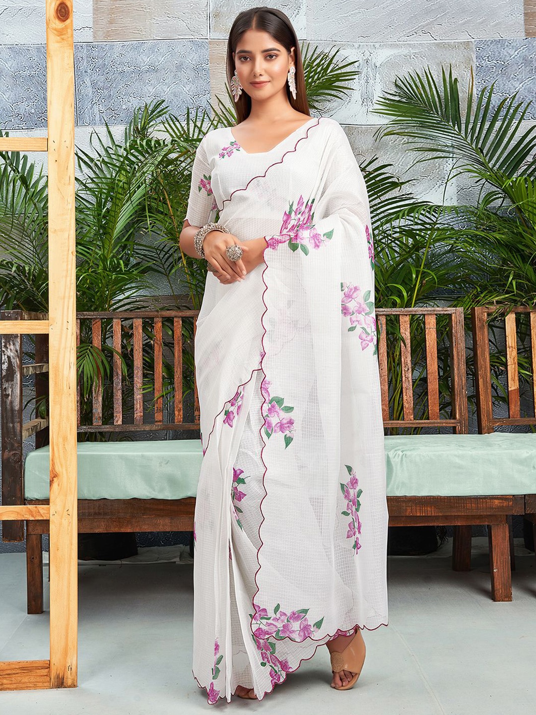 

All About You Floral Ready to Wear Dabu Saree, White