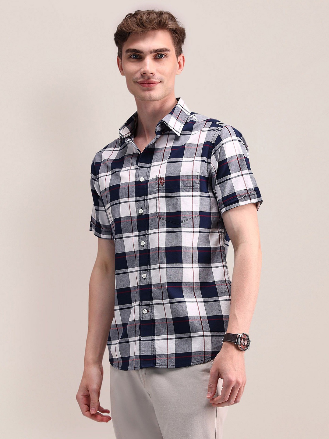

U.S. Polo Assn. Men Classic Cutaway Collar Tartan Checked Cotton Casual Shirt, Blue