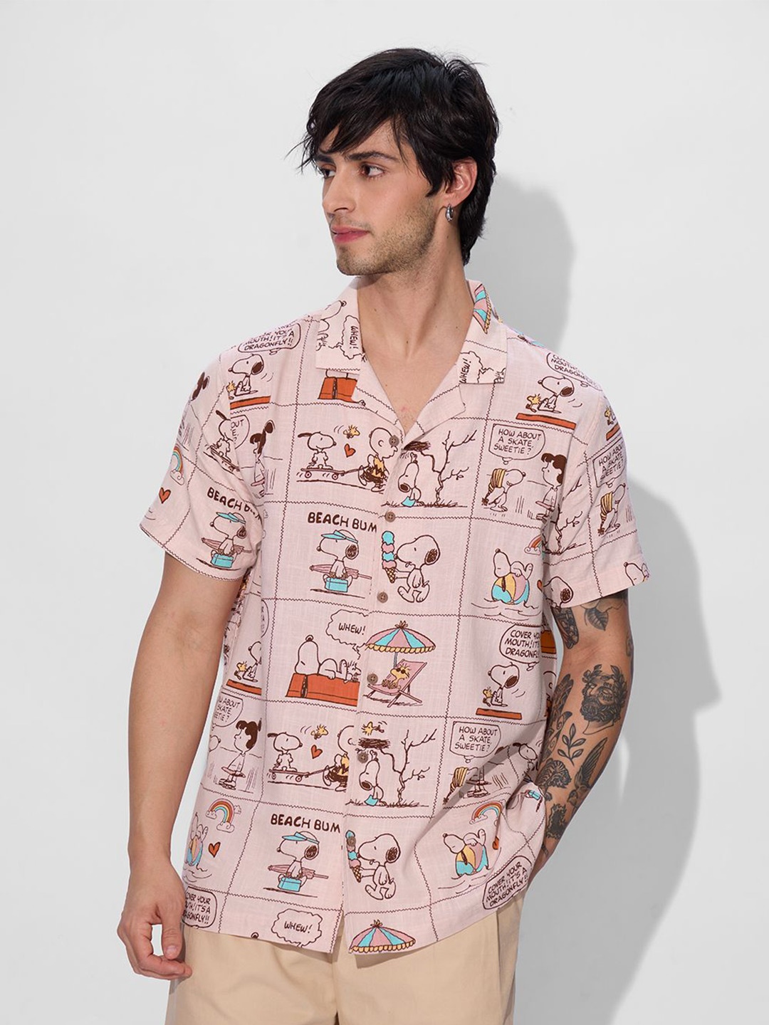 

The Souled Store Men Spread Collar Conversational Printed Cotton Casual Shirt, Pink